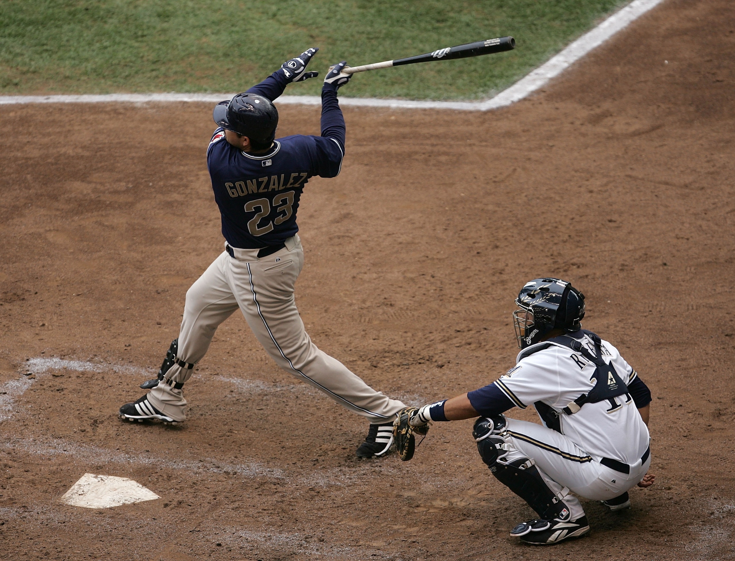 MILWAUKEE - SEPTEMBER 29: Adrian Gonzales #23 of the San Diego Padres hits his 28th home run of the season in the 6th inning against the Milwaukee Brewers on September 29, 2007 at Miller Park in Milwaukee, Wisconsin. The Brewers defeated the Padres 4-3 in