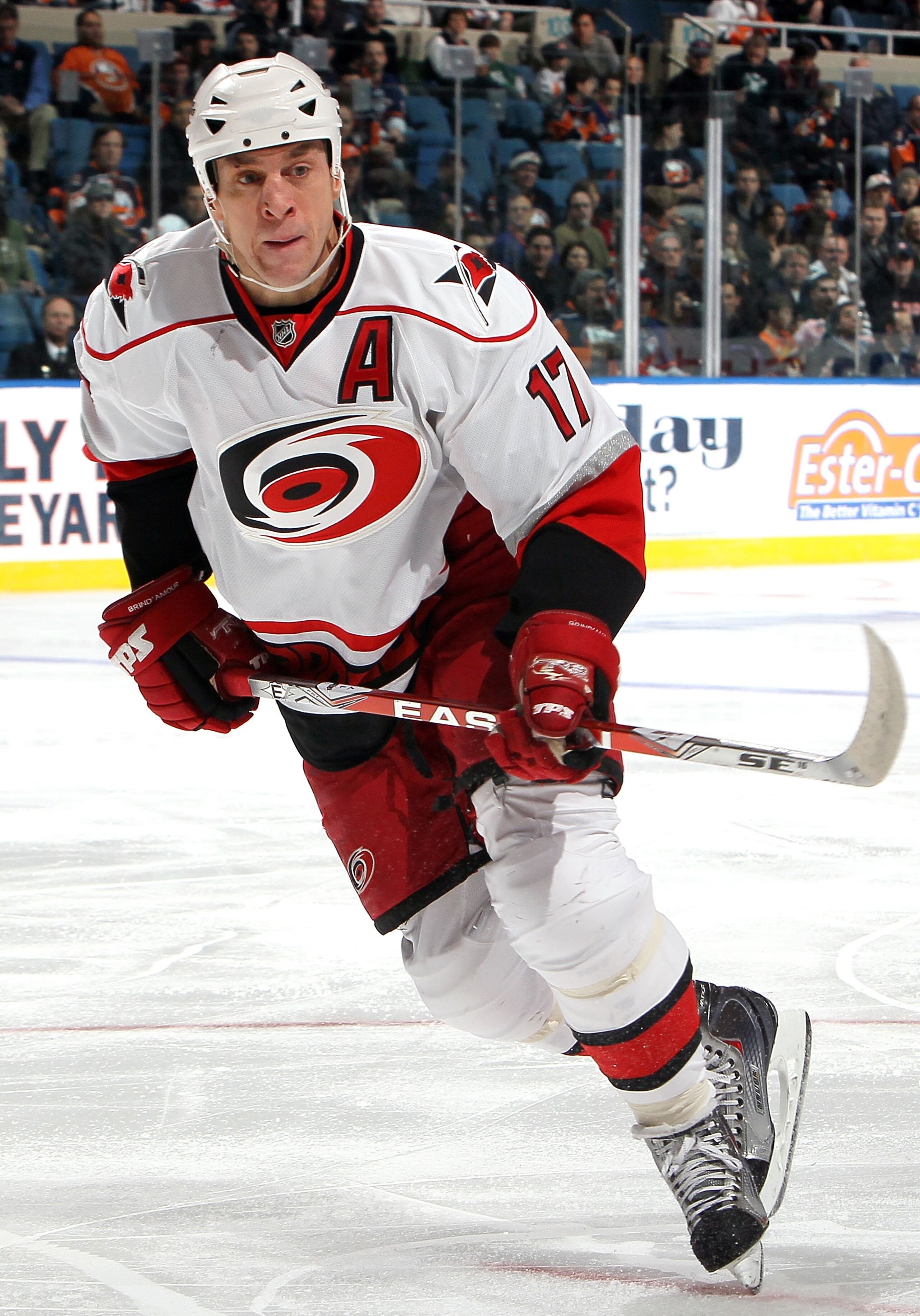 UNIONDALE, NY - FEBRUARY 06:  Rod Brind'Amour #17 of the Carolina Hurricanes skates against the New York Islanders on February 6, 2010 at Nassau Coliseum in Uniondale, New York.  (Photo by Jim McIsaac/Getty Images)