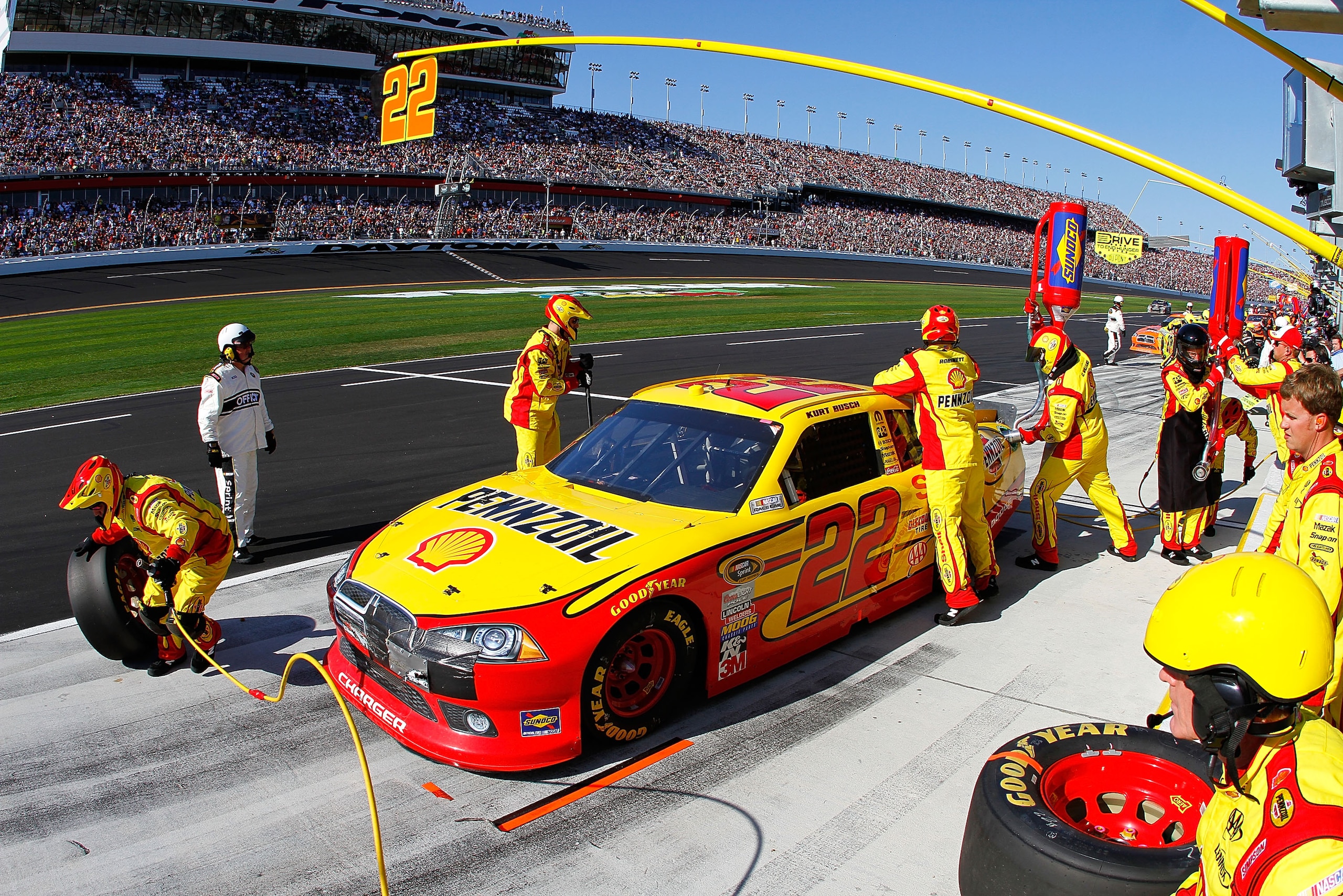 DAYTONA BEACH, FL - FEBRUARY 20: Kurt Busch pits the #22 Shell Pennzoil Dodge during the NASCAR Sprint Cup Series Daytona 500 at Daytona International Speedway on February 20, 2011 in Daytona Beach, Florida. (Photo by Jason Smith/Getty Images for NASCAR DAYTONA BEACH, FL - FEBRUARY 20: Kurt Busch pits the #22 Shell Pennzoil Dodge during the NASCAR Sprint Cup Series Daytona 500 at Daytona International Speedway on February 20, 2011 in Daytona Beach, Florida. (Photo by Jason Smith/Getty Images for NASCAR
