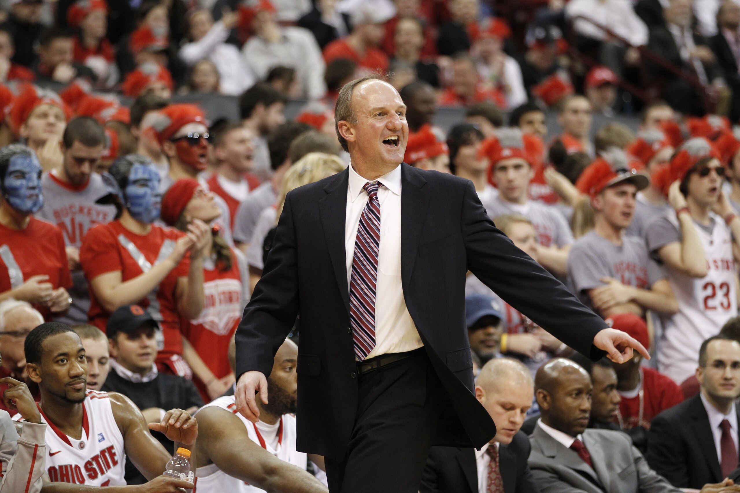 COLUMBUS, OH - FEBRUARY 15:  Head coach Thad Matta of the Ohio State Buckeyes looks on from the bench while playing the Michigan State Spartans on February 15, 2011 at Value City Arena in Columbus, Ohio.  (Photo by Gregory Shamus/Getty Images)