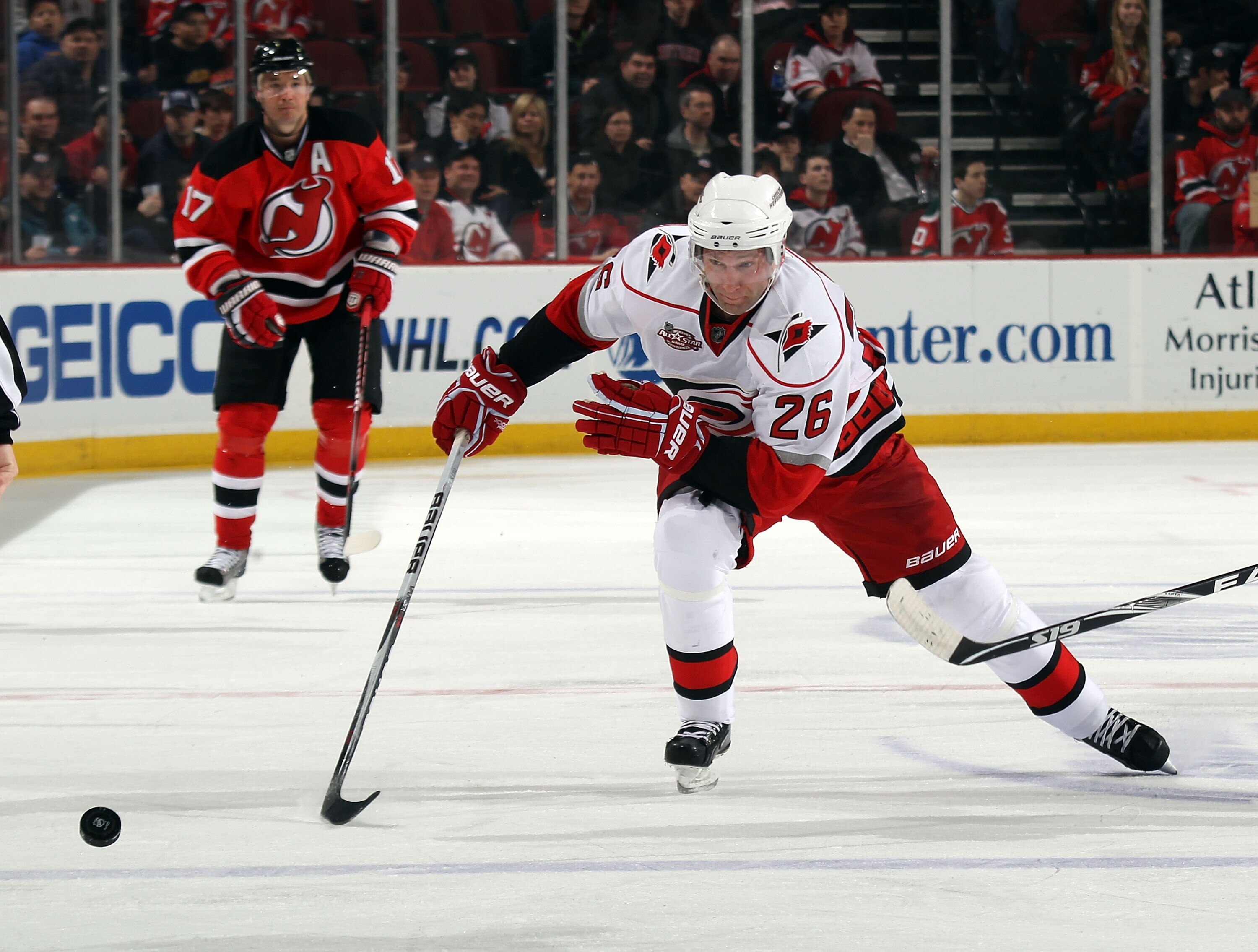 NEWARK, NJ - FEBRUARY 16:  Erik Cole #26 of the Carolina Hurricanes skates against the New Jersey Devils at the Prudential Center on February 16, 2011 in Newark, New Jersey.  (Photo by Bruce Bennett/Getty Images)