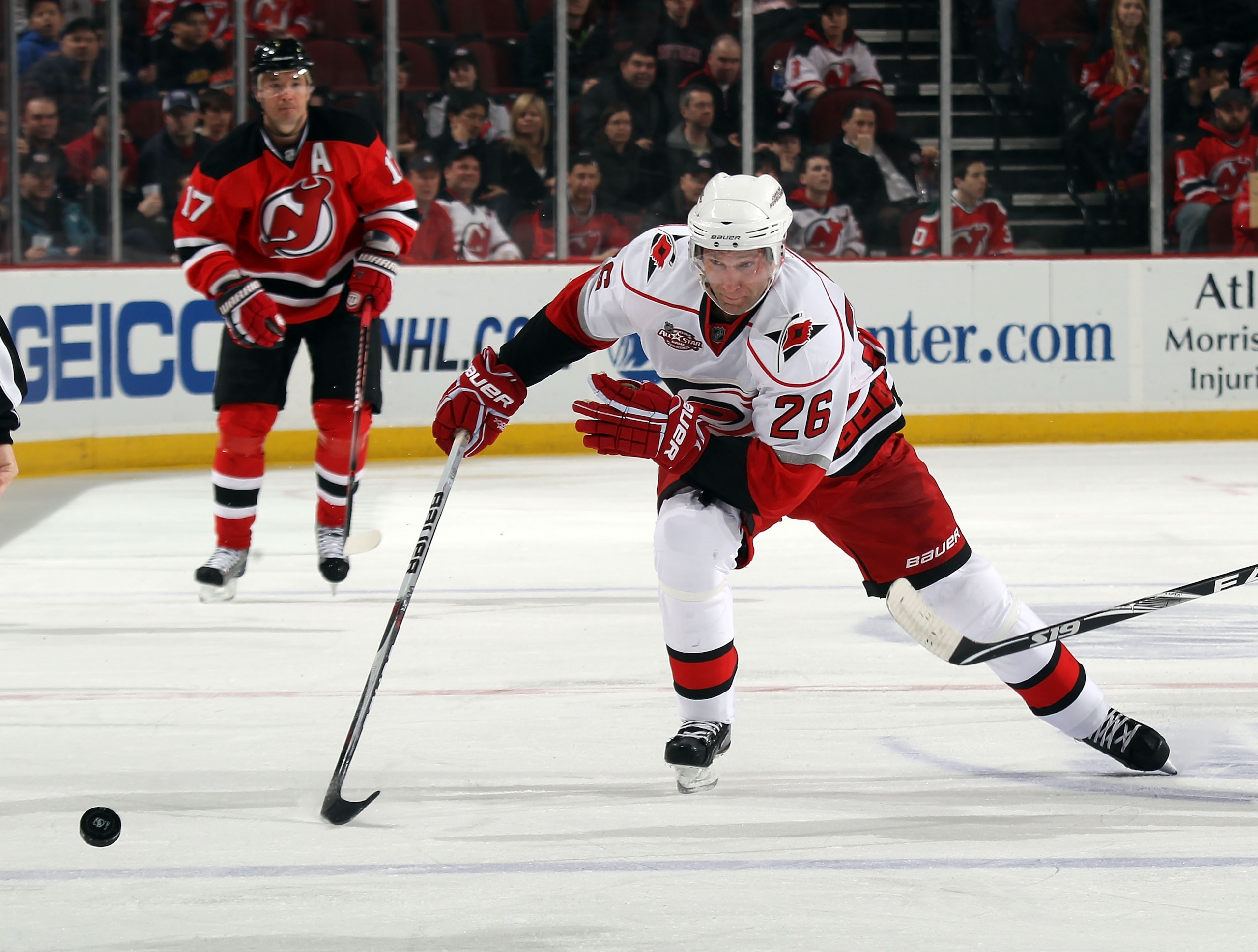 NEWARK, NJ - FEBRUARY 16:  Erik Cole #26 of the Carolina Hurricanes skates against the New Jersey Devils at the Prudential Center on February 16, 2011 in Newark, New Jersey.  (Photo by Bruce Bennett/Getty Images)