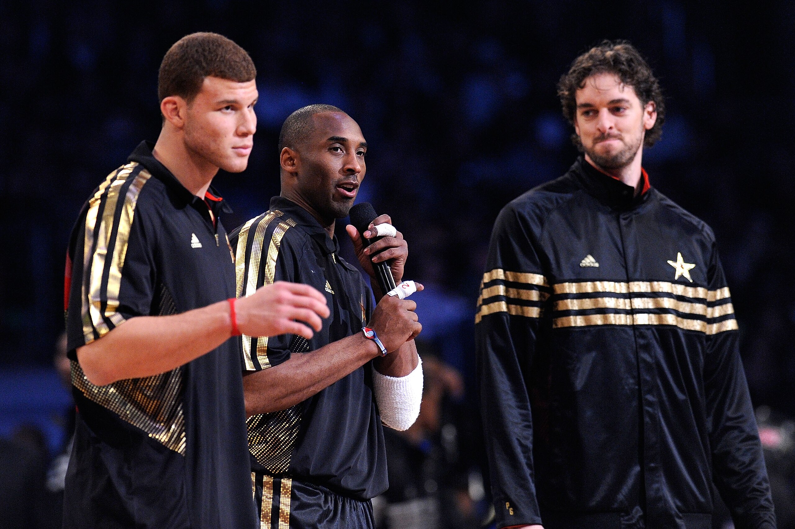 LOS ANGELES, CA - FEBRUARY 20:  (L-R) Blake Griffin #32 of the Los Angeles Clippers and the Western Conference, Kobe Bryant #24 of the Los Angeles Lakers and the Western Conference and Pau Gasol #16 of the Los Angeles Lakers  and the Western Conference ad