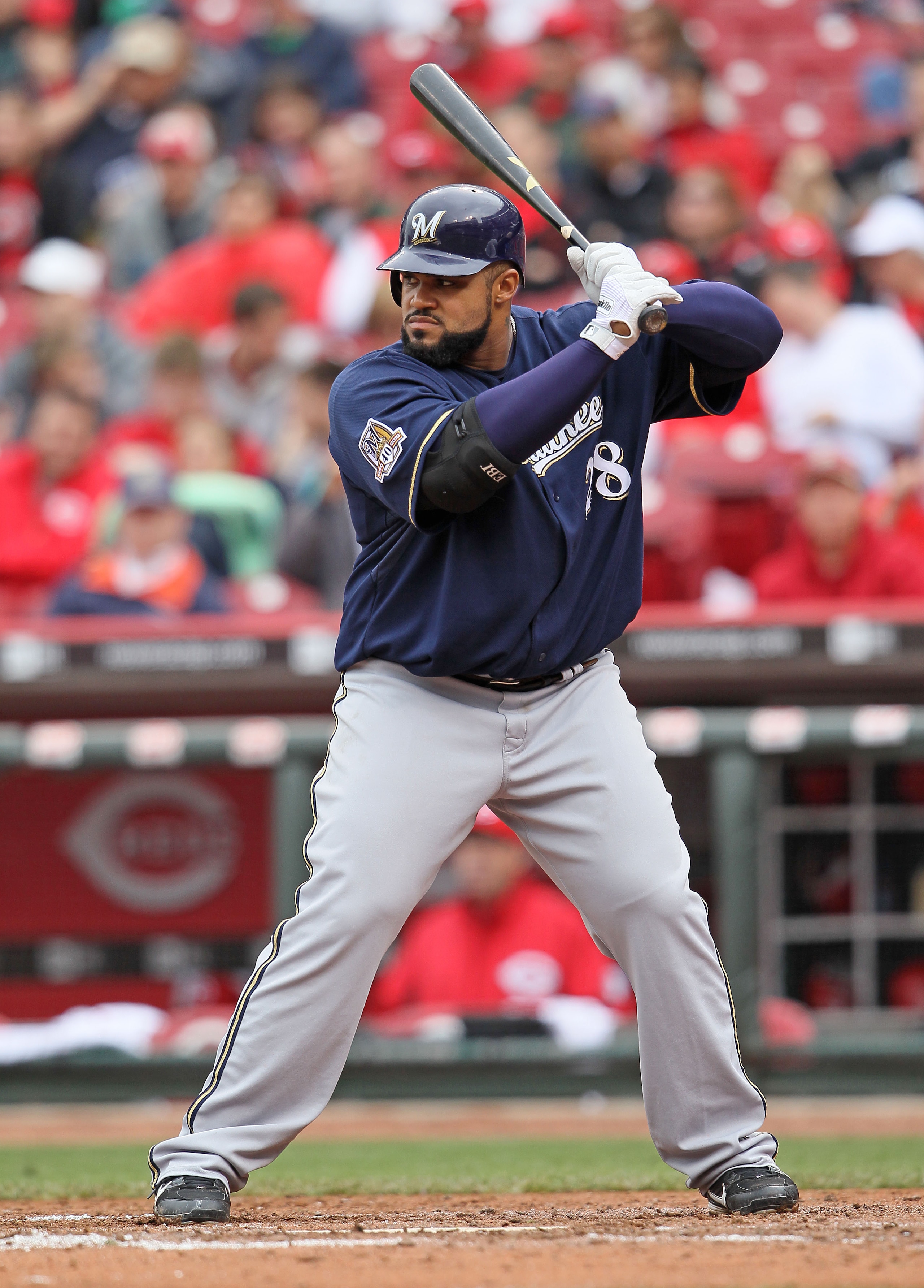 CINCINNATI - MAY 18:  Prince Fielder #28 of the Milwaukee Brewers is at bat during the game against the Cincinnati Reds at Great American Ball Park on May 18, 2010 in Cincinnati, Ohio.  (Photo by Andy Lyons/Getty Images)