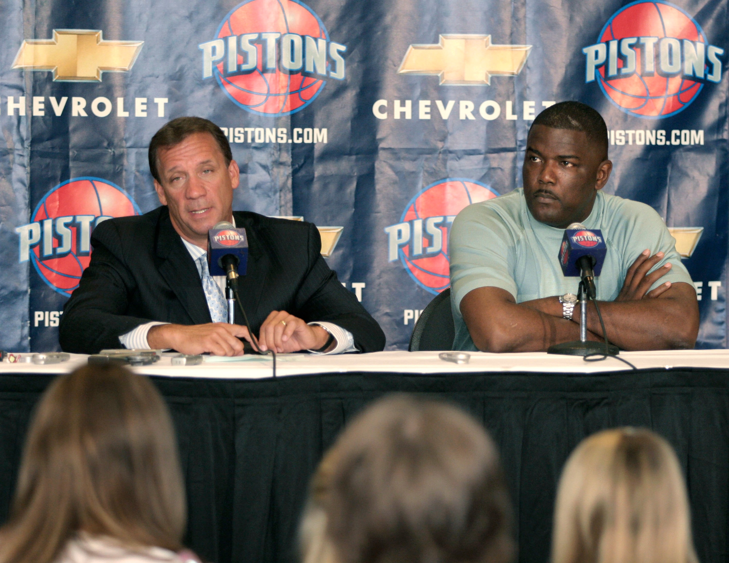 AUBURN HILLS, MI - JULY 21:  Flip Saunders (L), new Detroit Piston Head Coach, and  Piston's President Joe Dumars (R) attend a press conference at the Palace of Auburn Hills on July 21, 2005 in Auburn Hills, Michigan. Saunders, who had a 411-326 record as