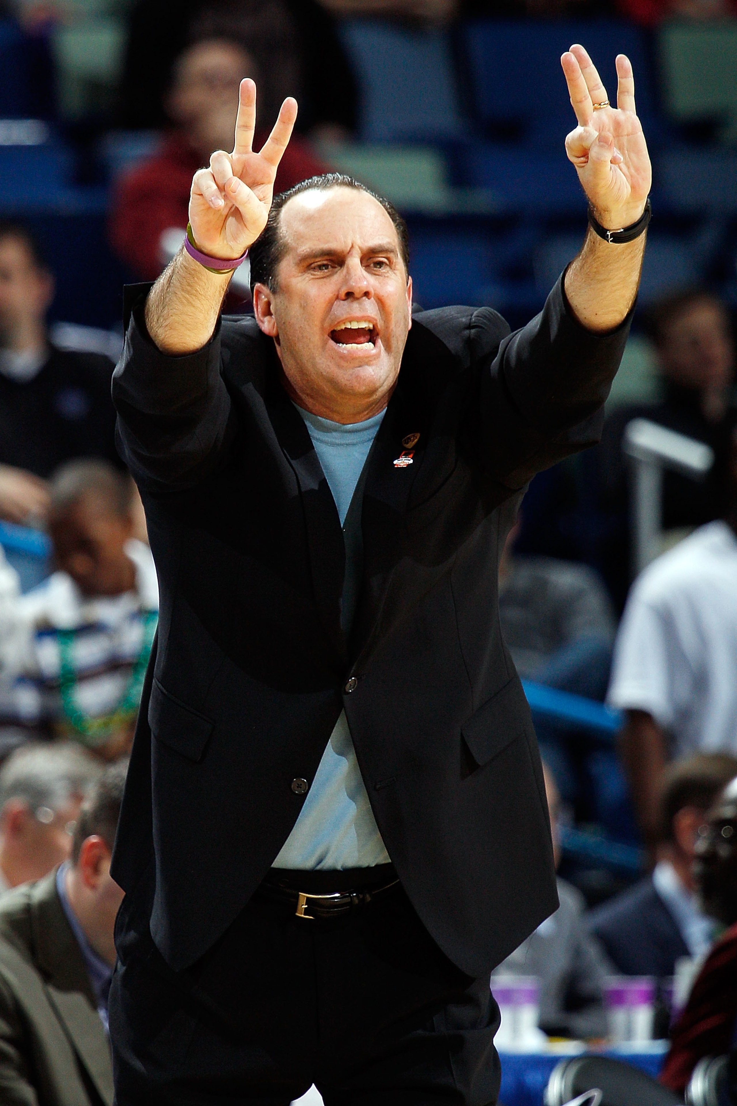 NEW ORLEANS - MARCH 18:  Head coach Mike Brey of the Notre Dame Fighting Irish calls a play against the Old Dominion Monarchs during the first round of the 2010 NCAA men's basketball tournament at the New Orleans Arena on March 18, 2010 in New Orleans, Lo