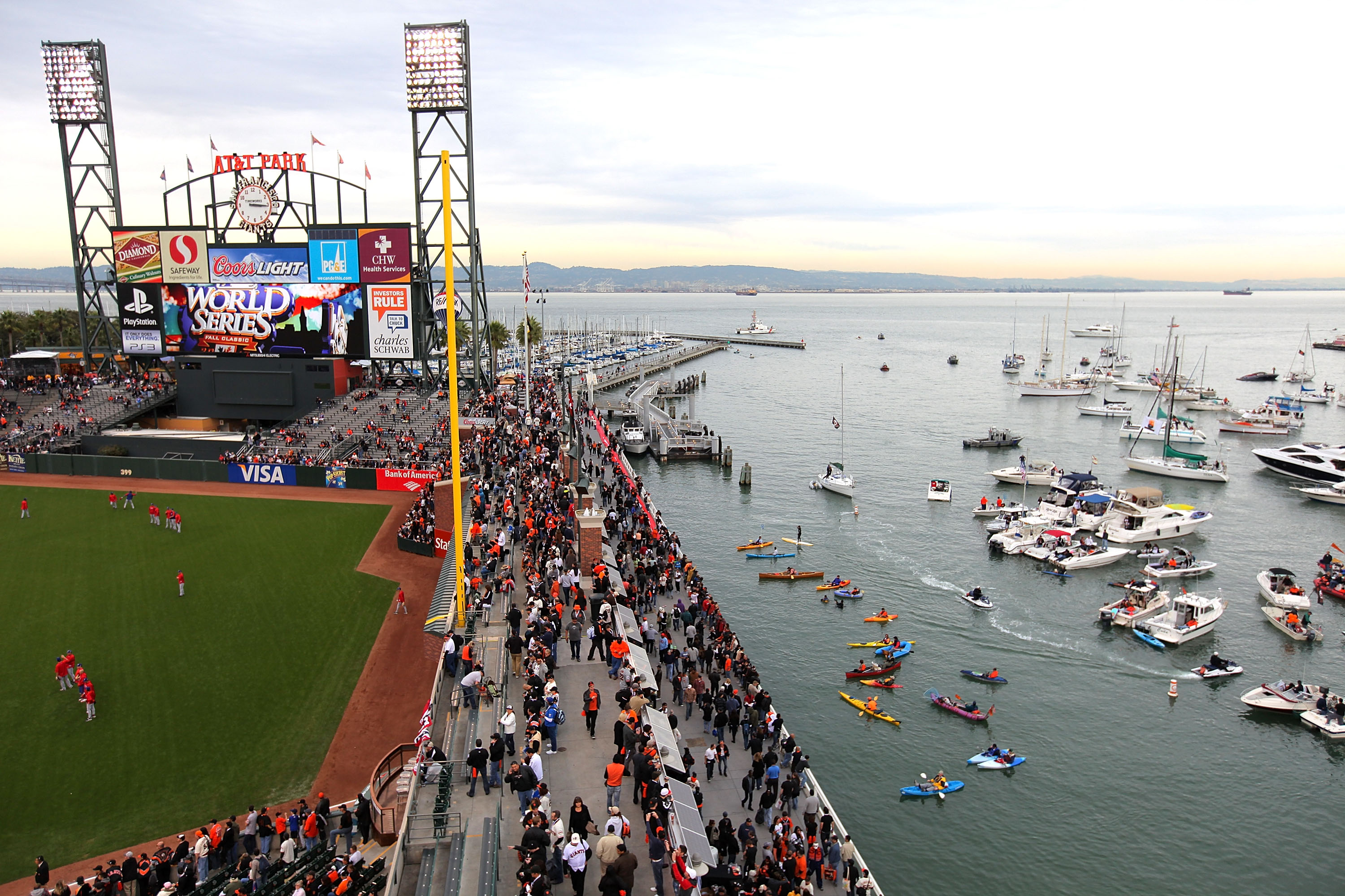 SAN FRANCISCO - OCTOBER 27:  Boaters and fans congregate in McCovey Cove outside of AT&T Park prior to Game One of the 2010 MLB World Series between the Texas Rangers and the San Francisco Giants on October 27, 2010 in San Francisco, California.  (Photo b