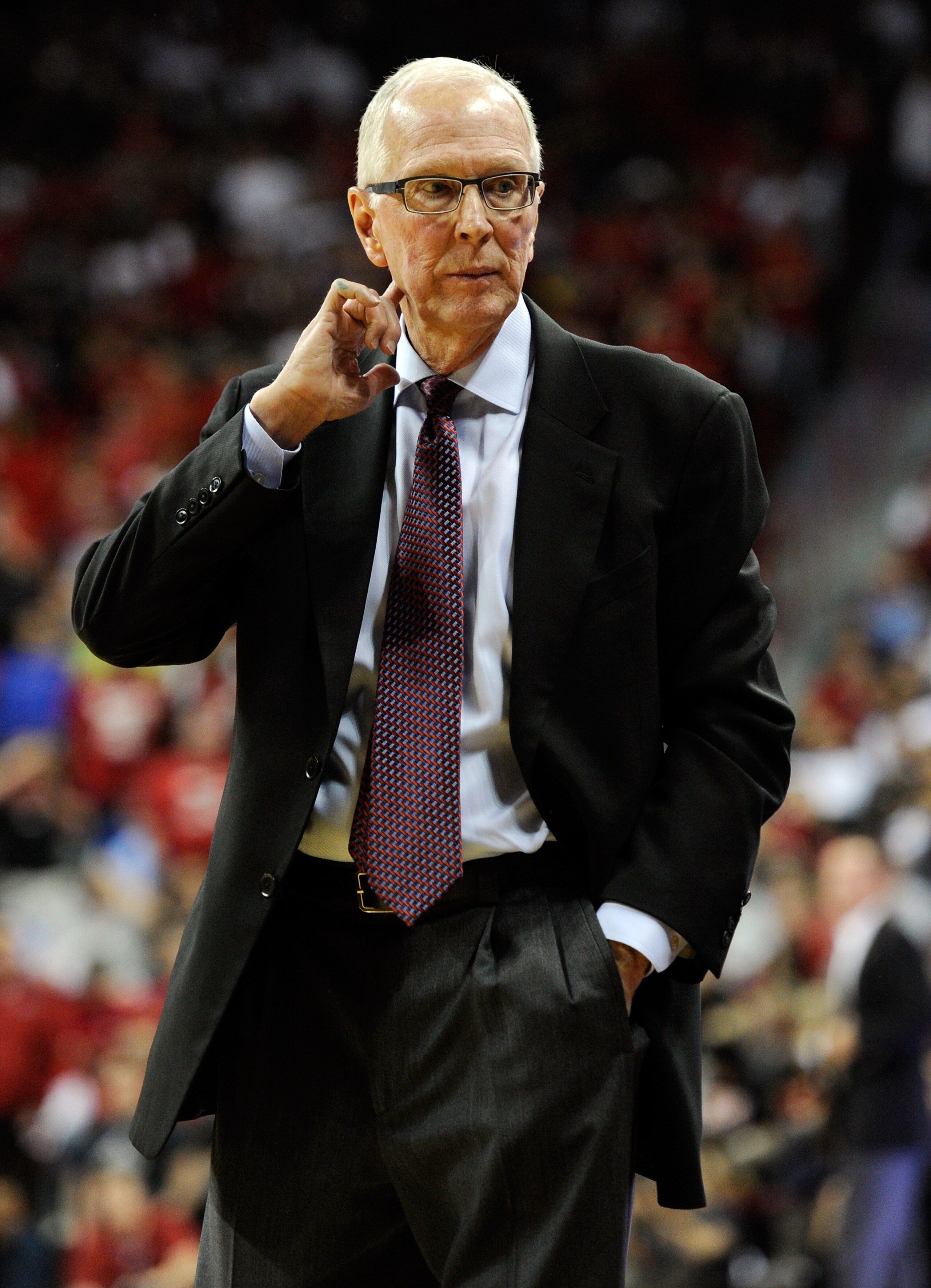 LAS VEGAS, NV - FEBRUARY 12:  Head coach Steve Fisher of the San Diego State Aztecs looks towards his bench during the team's game against the UNLV Rebels at the Thomas & Mack Center February 12, 2011 in Las Vegas, Nevada. San Diego State won 63-57.  (Pho