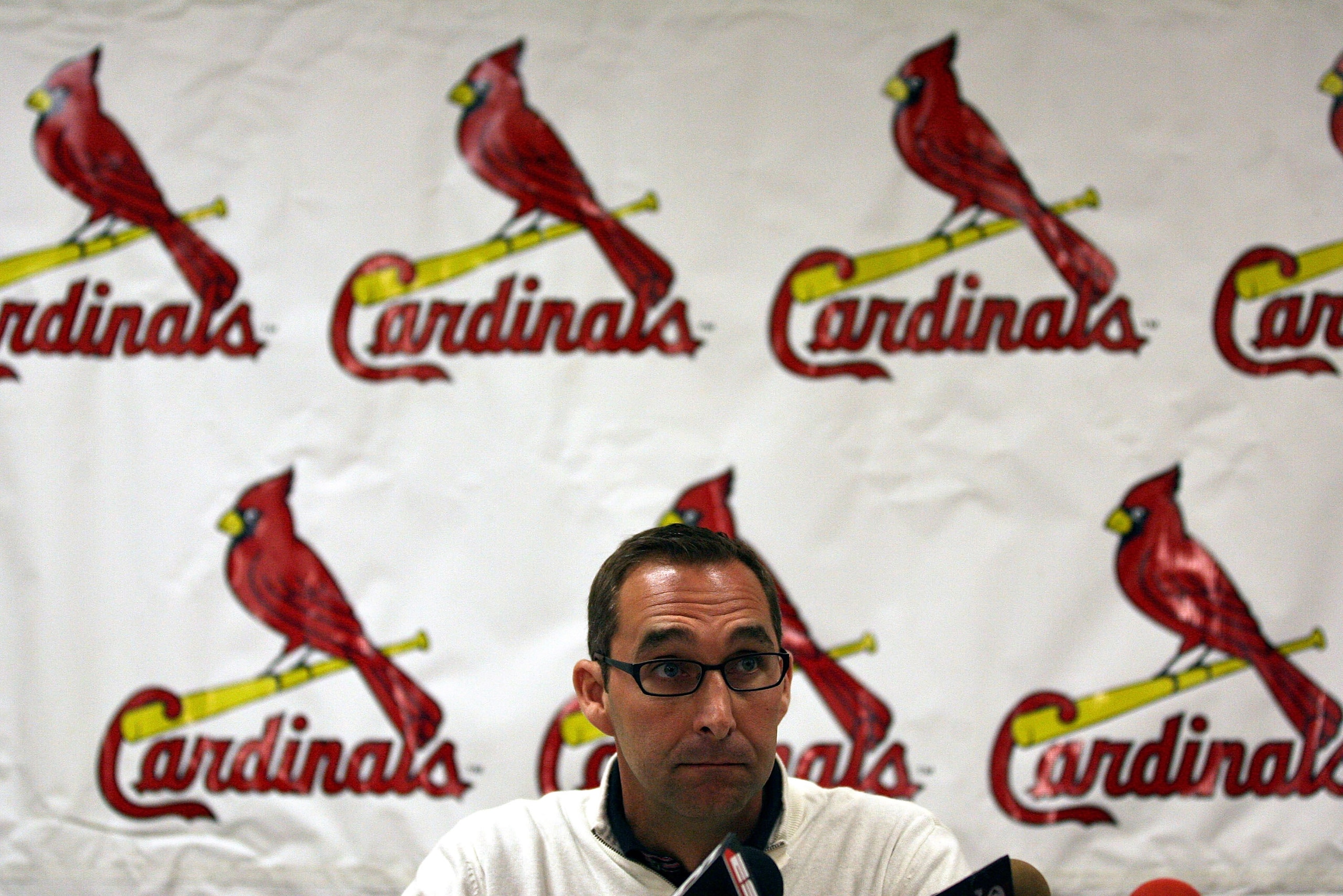 JUPITER, FL - FEBRUARY 16: General Manager John Mozeliak of the St. Louis Cardinals speaks at a press conference at Roger Dean Stadium on February 16, 2011 in Jupiter, Florida.  (Photo by Marc Serota/Getty Images)