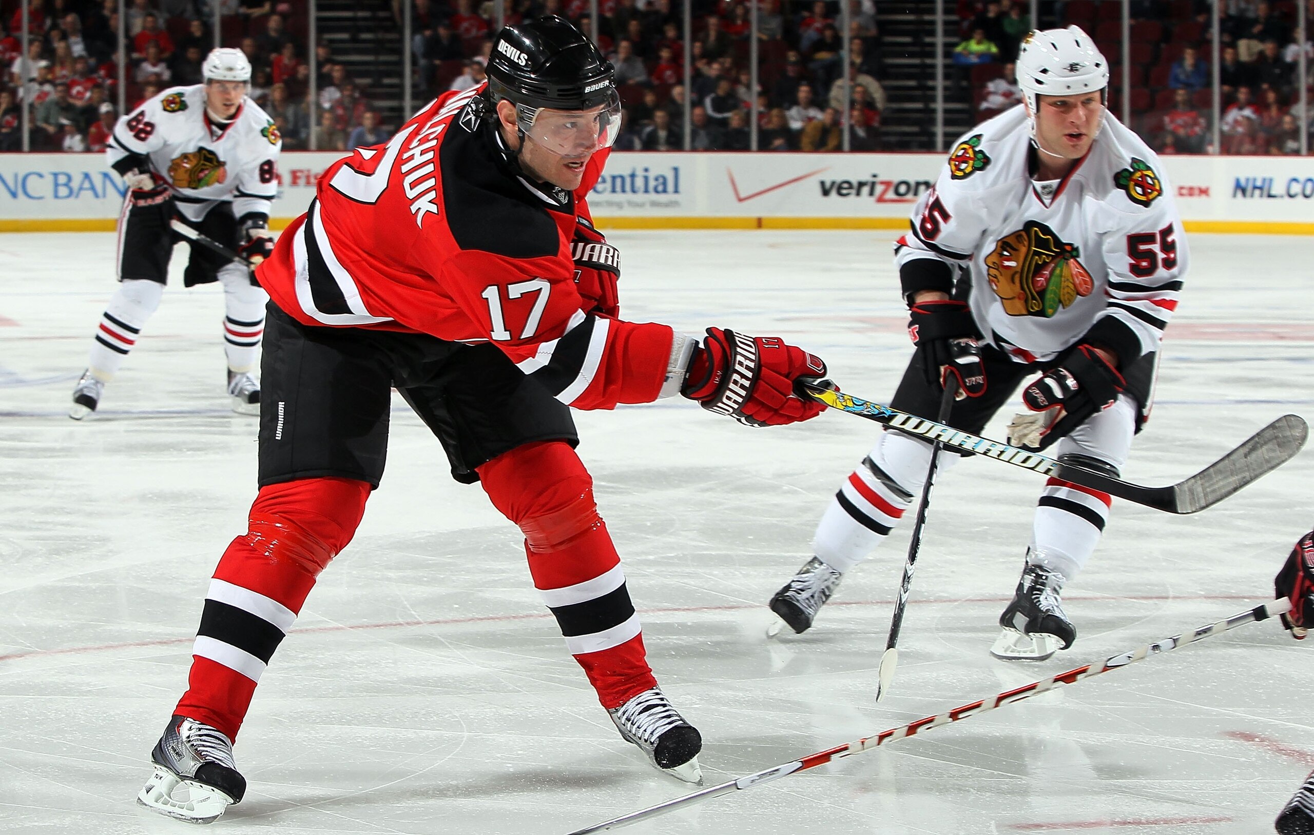 NEWARK, NJ - APRIL 02:  Ilya Kovalchuk #17 of the New Jersey Devils skates against the Chicago Blackhawks at the Prudential Center on April 2, 2010 in Newark, New Jersey. The Hawks defeated the Devils 2-1 after a shootout.  (Photo by Jim McIsaac/Getty Ima
