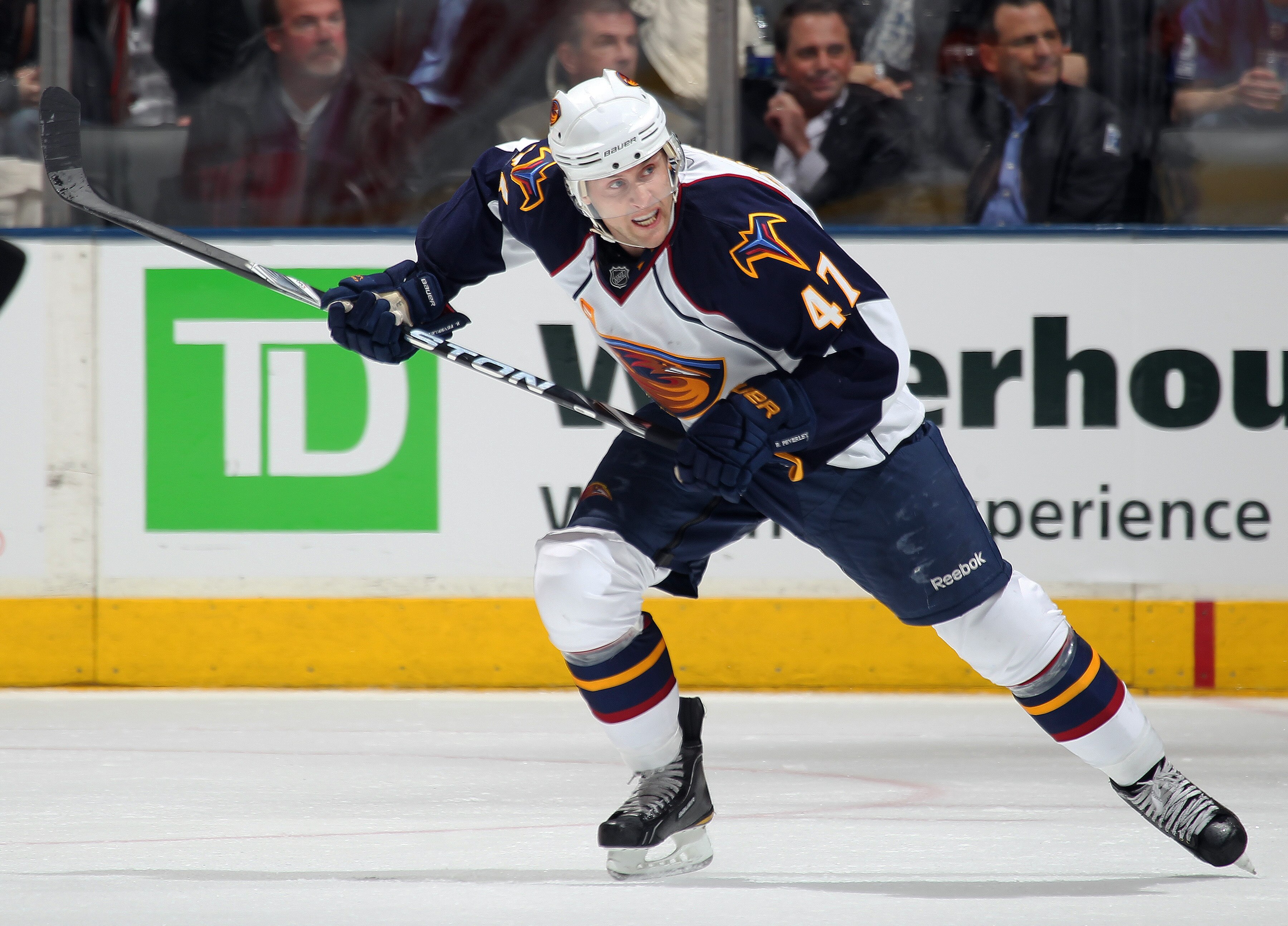 TORONTO, CAN - FEBRUARY 7:  Rich Peverley #47 of the Atlanta Thrashers skates in a game against the Toronto Maple Leafs on February 7, 2011 at the Air Canada Centre in Toronto, Canada. The Leafs defeated the Thrashers 5-4. (Photo by Claus Andersen/Getty I