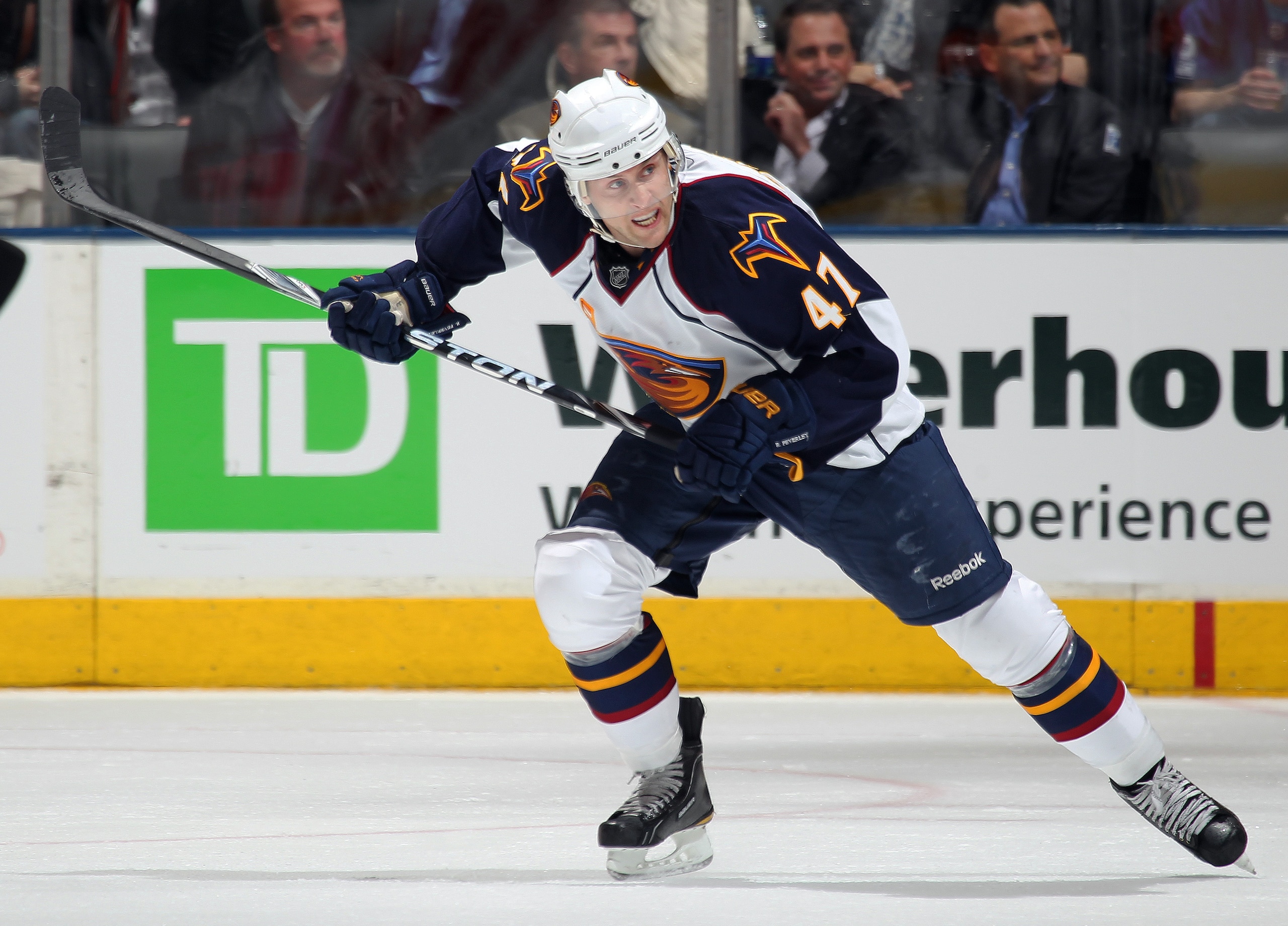 TORONTO, CAN - FEBRUARY 7:  Rich Peverley #47 of the Atlanta Thrashers skates in a game against the Toronto Maple Leafs on February 7, 2011 at the Air Canada Centre in Toronto, Canada. The Leafs defeated the Thrashers 5-4. (Photo by Claus Andersen/Getty I