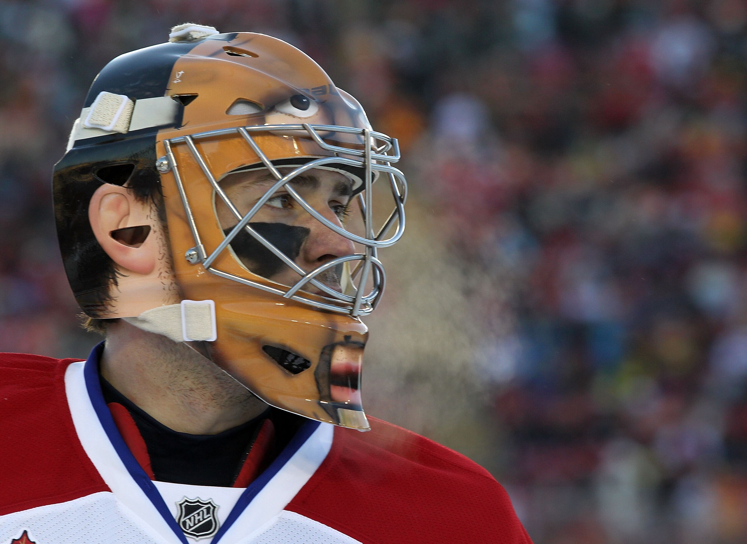 CALGARY, AB - FEBRUARY 20:  Carey Price #31 of the Montreal Canadiens takes a break in his game against the Calgary Flames during the 2011 NHL Heritage Classic Game at McMahon Stadium on February 20, 2011 in Calgary, Alberta, Canada.  (Photo by Andre Ring