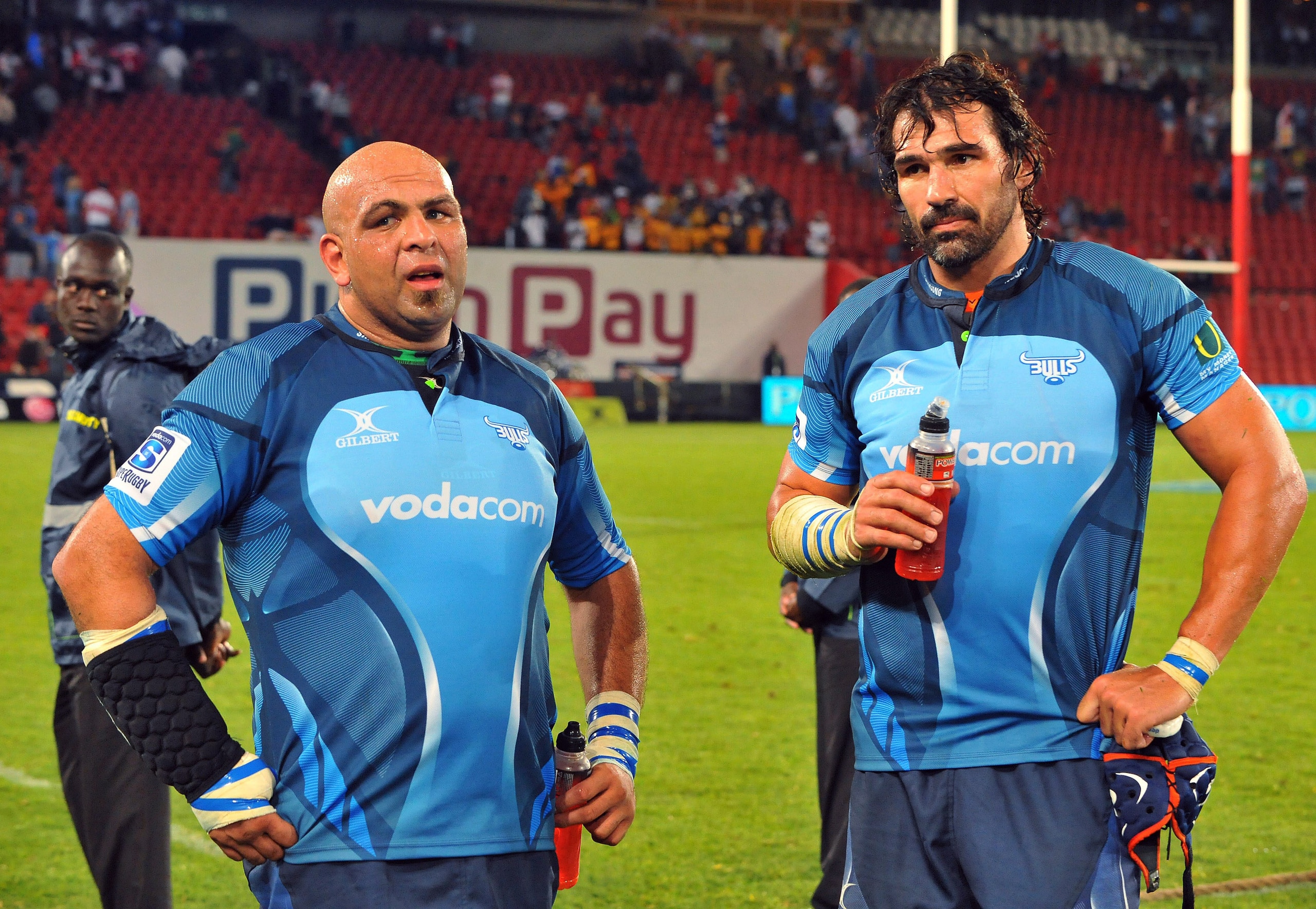 JOHANNESBURG, SOUTH AFRICA - FEBRUARY 19:  Gurthro Steenkamp and Victor Matfield of the Bulls look on after the match during the Super Rugby Round 1 match between Lions and Vodacom Bulls at Coca Cola Park on February 19, 2011 in Johannesburg, South Africa