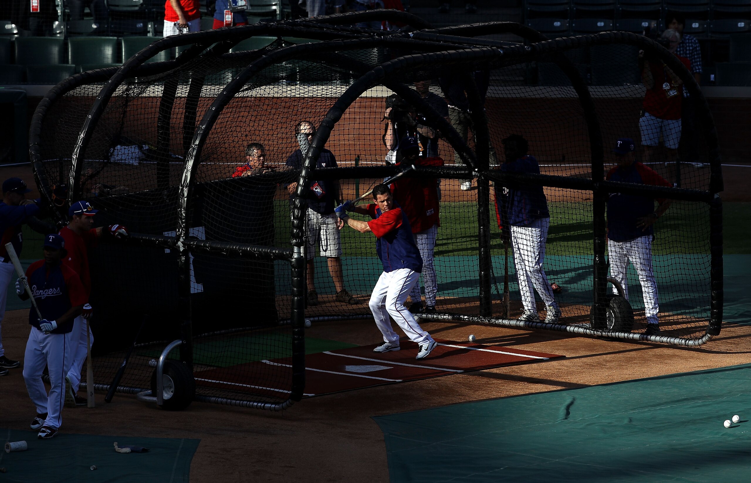 ARLINGTON, TX - NOVEMBER 01:  Michael Young #10 of the Texas Rangers takes batting practice against of the San Francisco Giants in Game Five of the 2010 MLB World Series at Rangers Ballpark in Arlington on November 1, 2010 in Arlington, Texas.  (Photo by