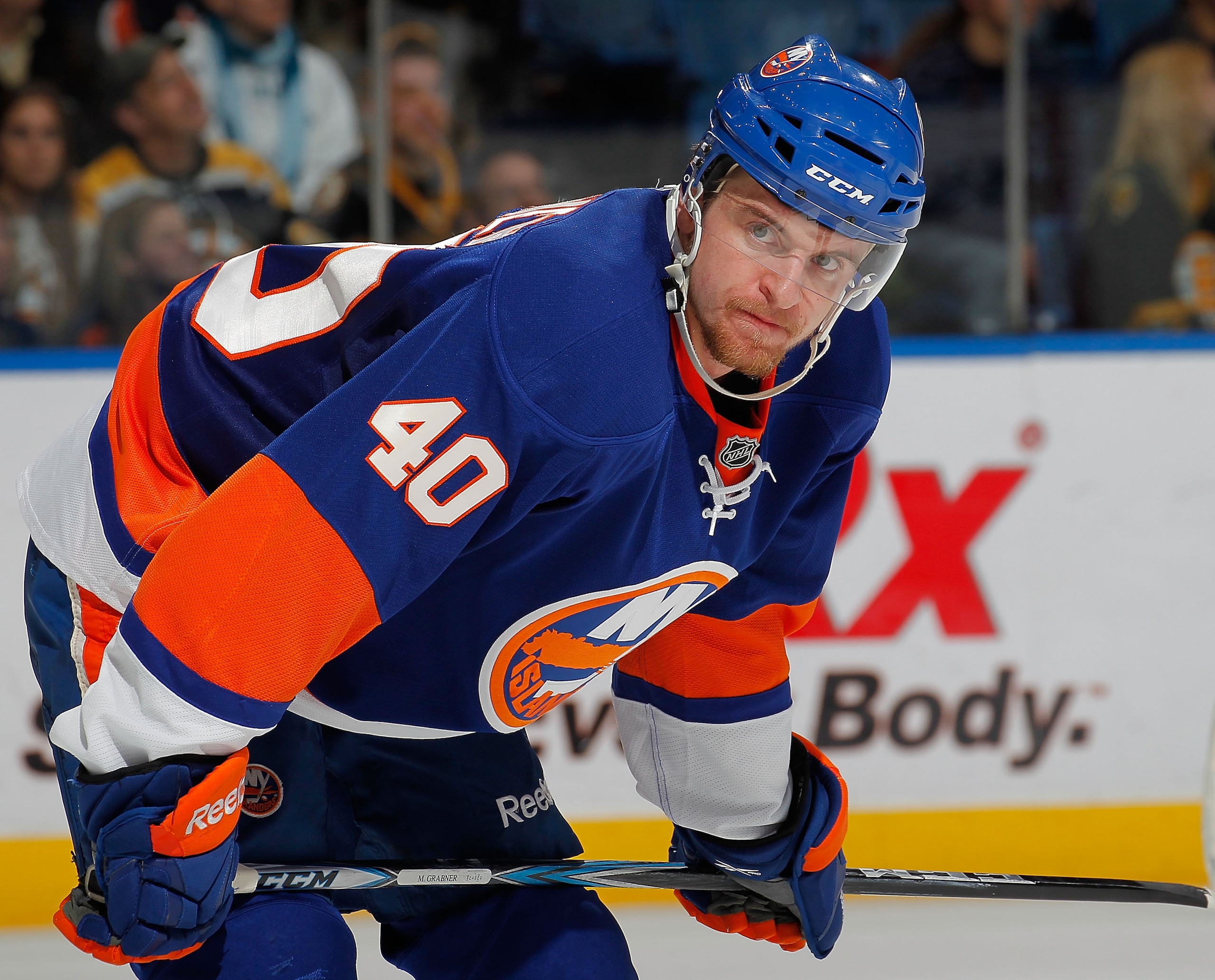 UNIONDALE, NY - FEBRUARY 17:  Michael Grabner #40 of the New York Islanders waits for a faceoff during an NHL hockey game against the Boston Bruins at the Nassau Coliseum on February 17, 2011 in Uniondale, New York.  (Photo by Paul Bereswill/Getty Images)