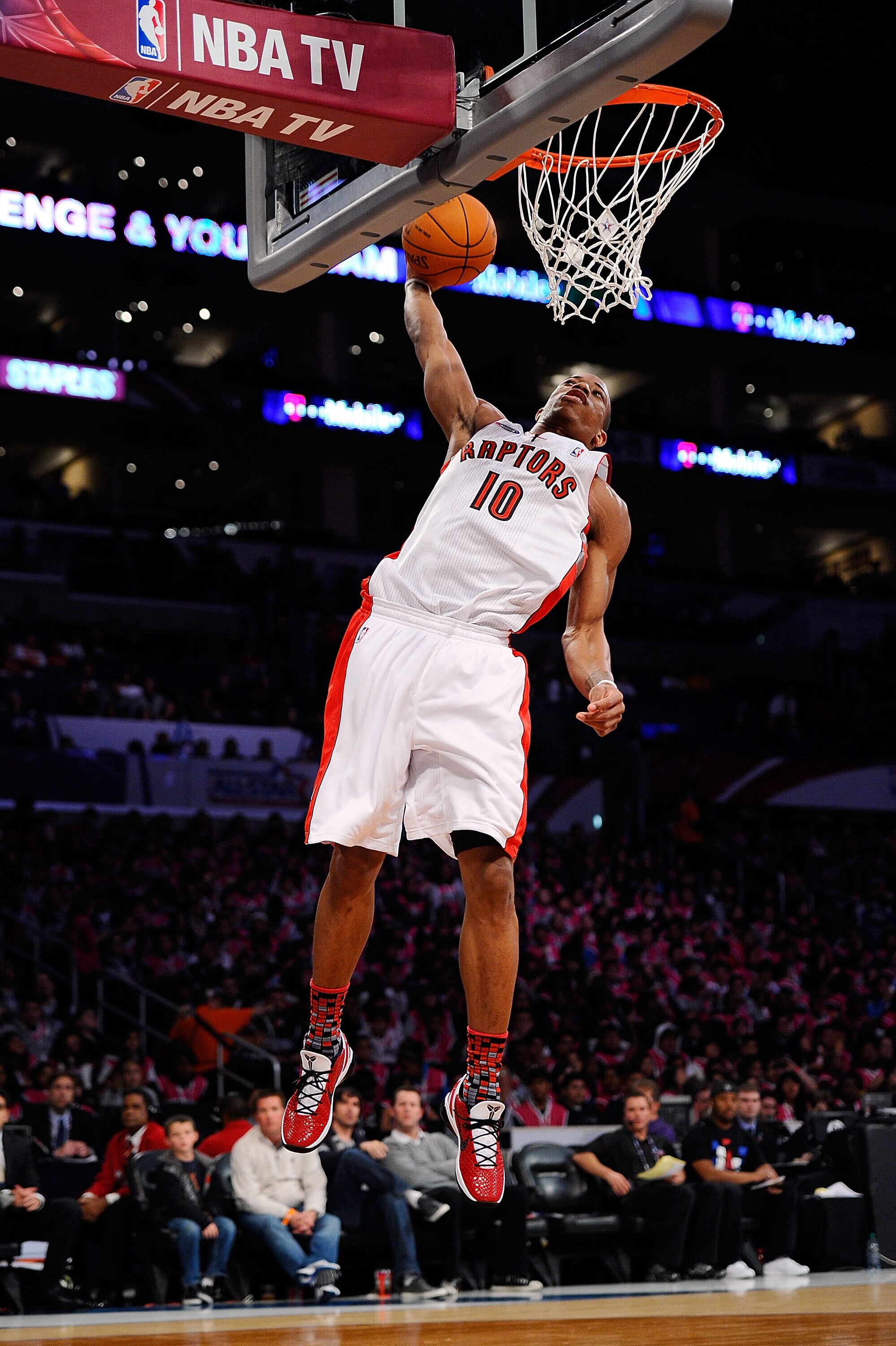 LOS ANGELES, CA - FEBRUARY 18:  DeMar DeRozan #10 of the Toronto Raptors and the Sophomore Team dunks the ball against the Rookie Team during the T-Mobile Rookie Challenge and Youth Jam at Staples Center on February 18, 2011 in Los Angeles, California.  (