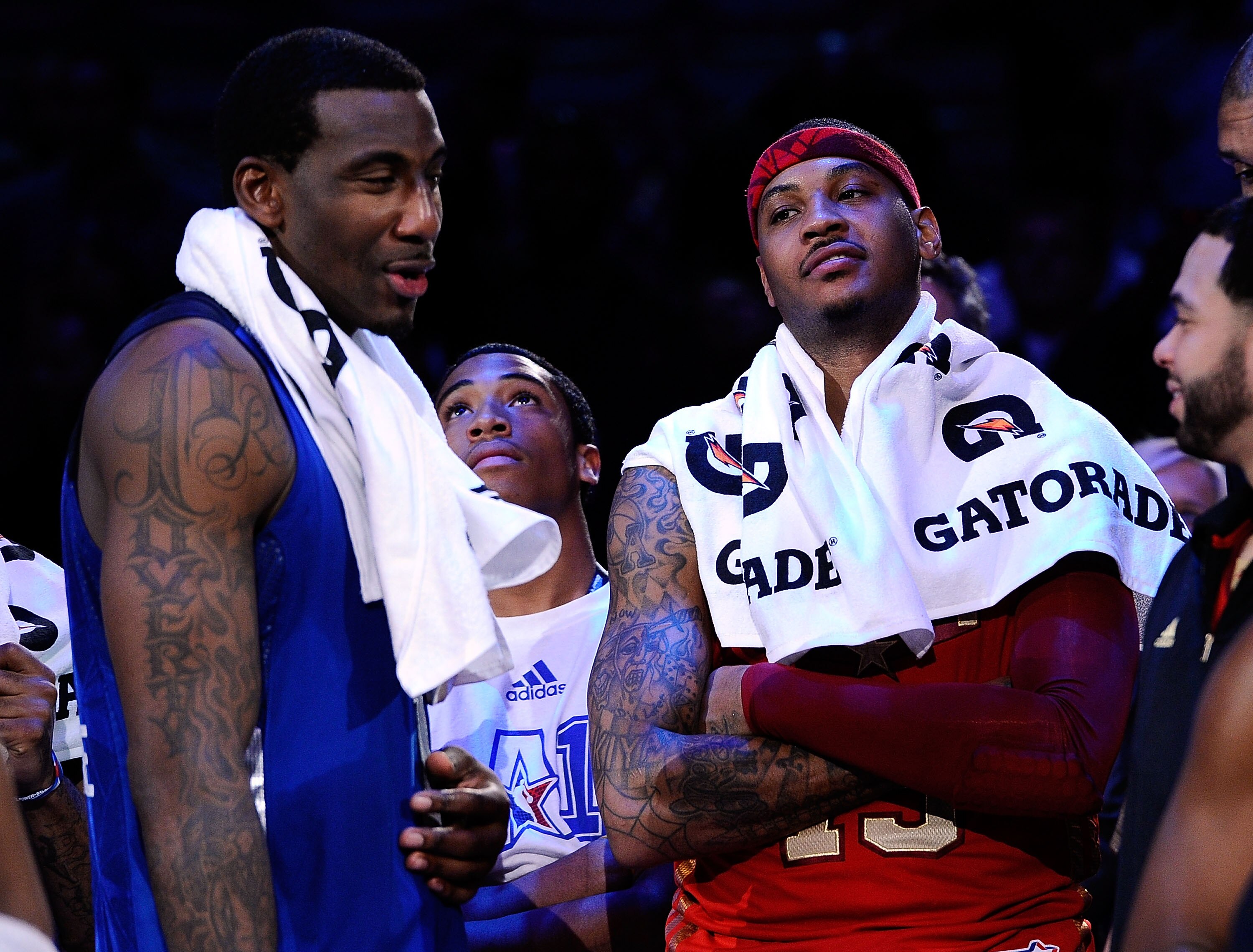 LOS ANGELES, CA - FEBRUARY 20:  Amare Stoudemire #1 of the New York Knicks and the Eastern Conference stands with Carmelo Anthony #15 of the Denver Nuggets and the Western Conference after the Western Conference won 148-143 victory in the 2011 NBA All-Sta