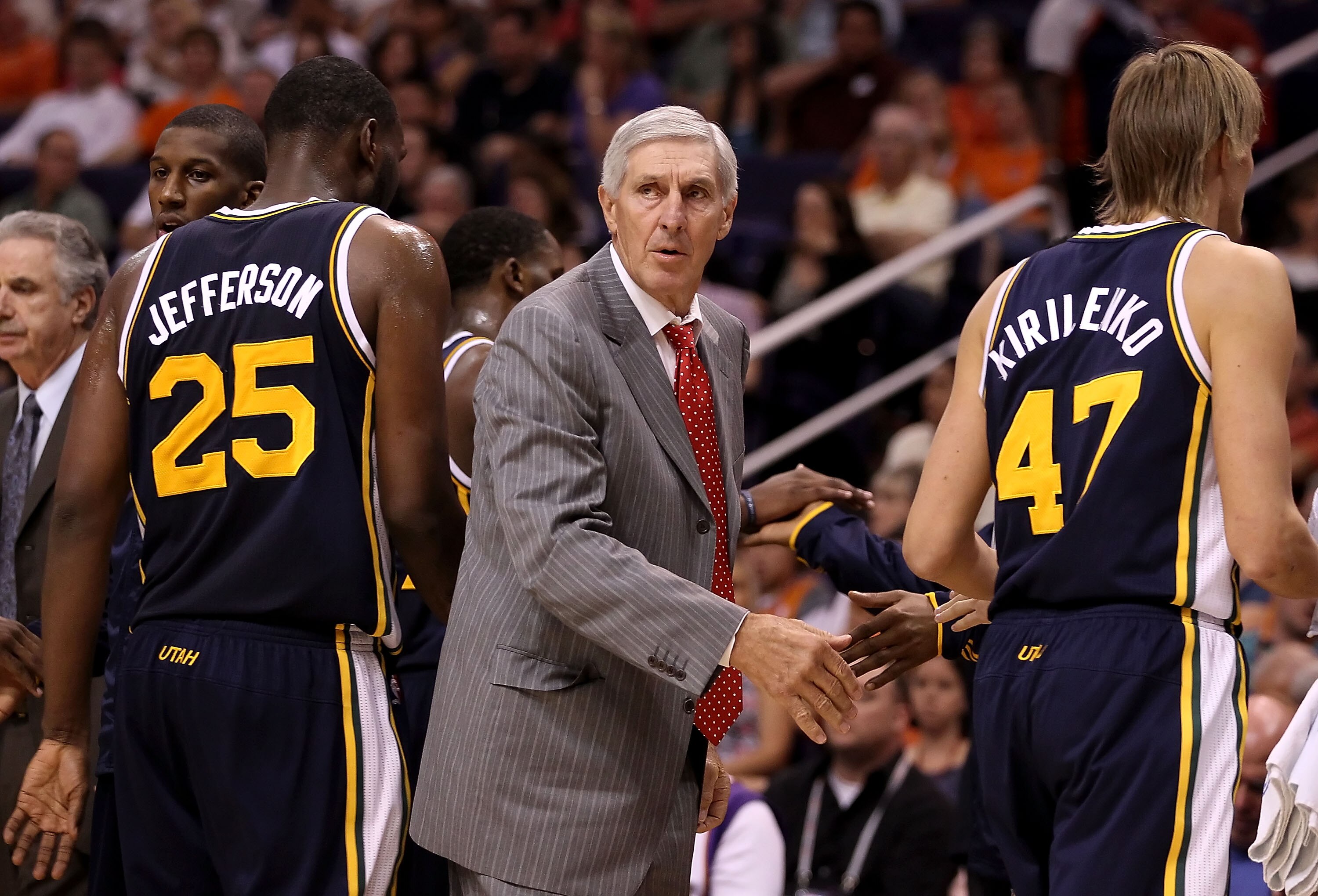 PHOENIX - OCTOBER 12:  Head coach Jerry Sloan of the Utah Jazz talks with his team during the preseason NBA game against the Phoenix Suns at US Airways Center on October 12, 2010 in Phoenix, Arizona. NOTE TO USER: User expressly acknowledges and agrees th