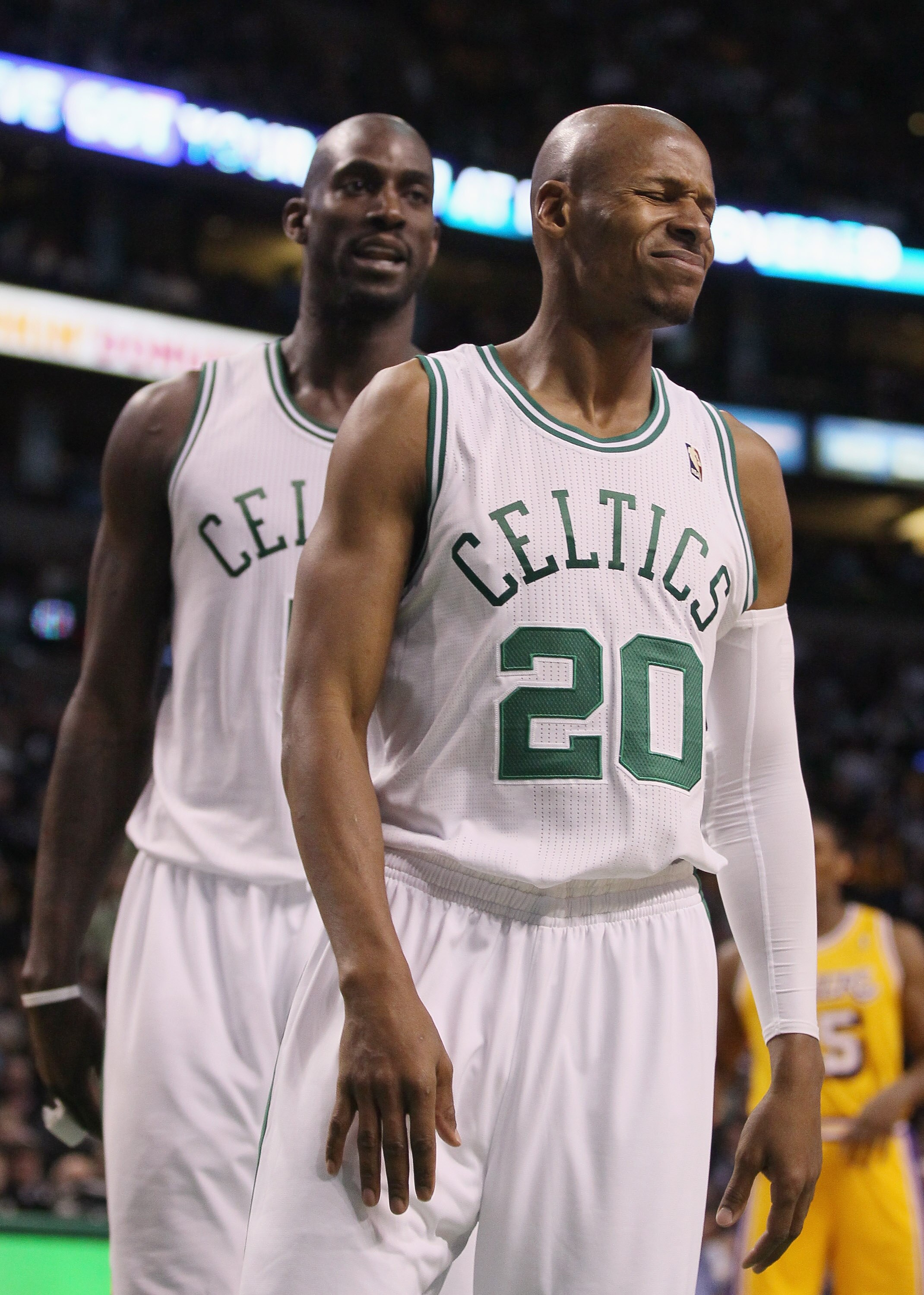 BOSTON, MA - FEBRUARY 10:  Ray Allen #20 of the Boston Celtics reacts after he is called for a foul in the second half against the Los Angeles Lakers on February 10, 2011 at the TD Garden in Boston, Massachusetts.  The Lakers defeated the Celtics 92-86. N