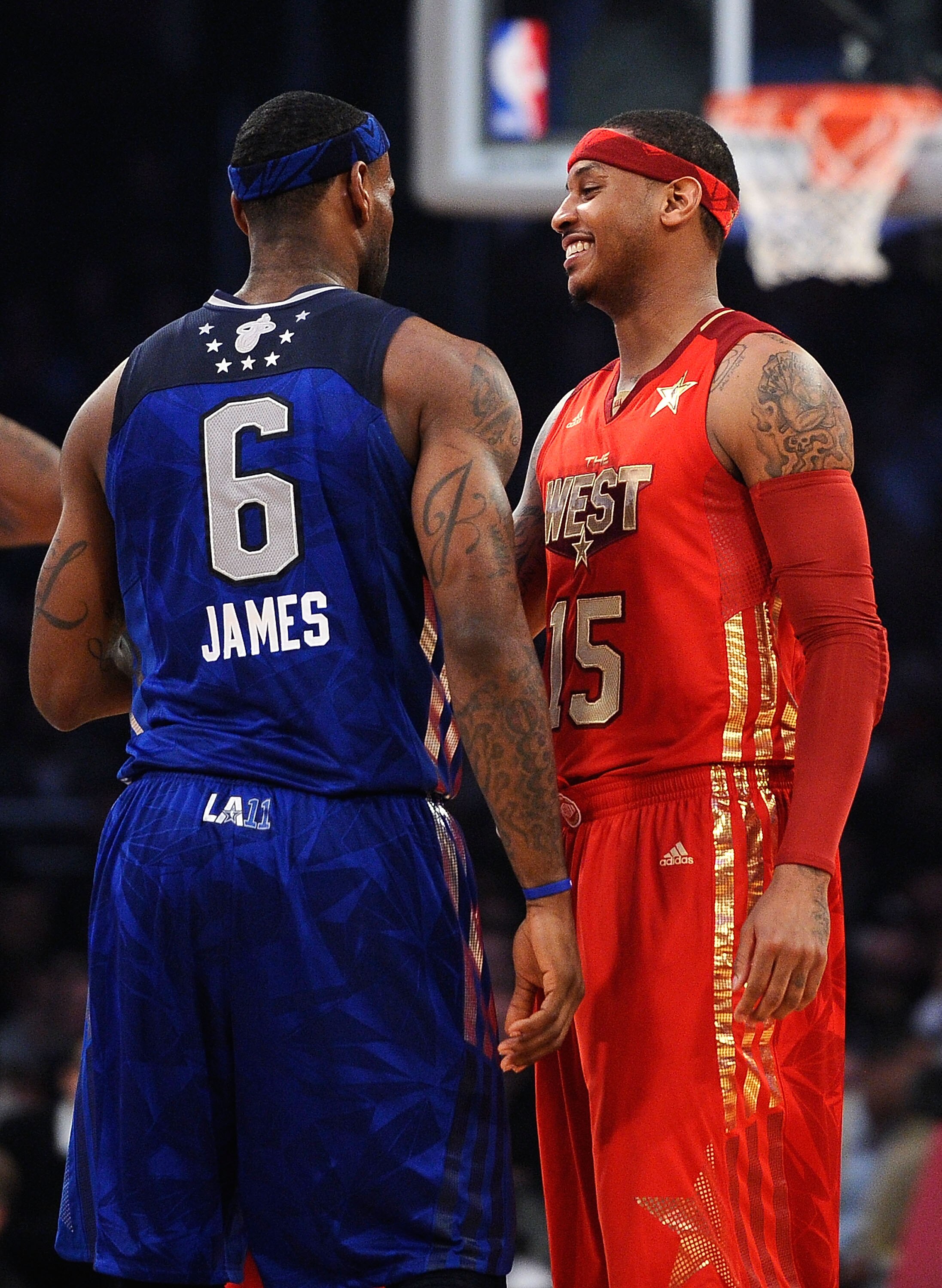 LOS ANGELES, CA - FEBRUARY 20:  LeBron James #6 of the Miami Heat and the Eastern Conference talks with Carmelo Anthony #15 of the Denver Nuggets and the Western Conference in the 2011 NBA All-Star Game at Staples Center on February 20, 2011 in Los Angele