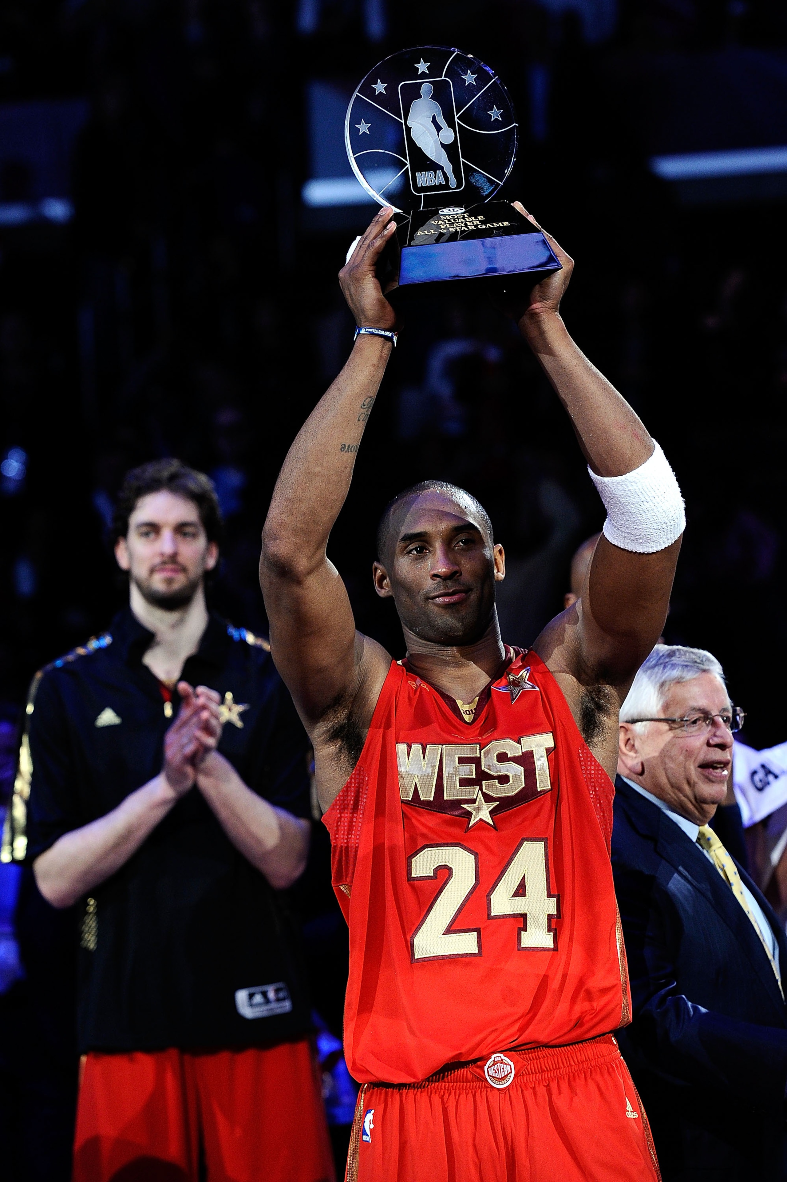 LOS ANGELES, CA - FEBRUARY 20:  Kobe Bryant #24 of the Los Angeles Lakers and the Western Conference celebrates after being named MVP for the fourth time in the 2011 NBA All-Star Game at Staples Center on February 20, 2011 in Los Angeles, California. NOTE