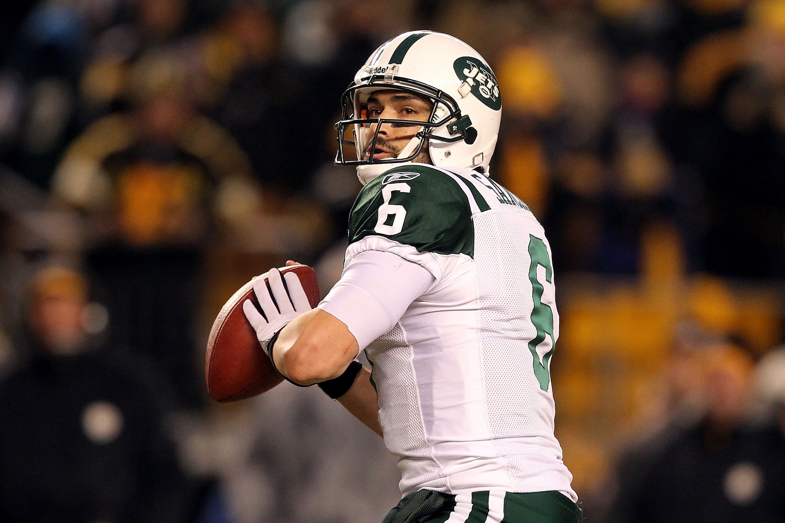 PITTSBURGH, PA - JANUARY 23:  Quarterback Mark Sanchez #6 of the New York Jets looks to pass against the Pittsburgh Steelers during the 2011 AFC Championship game at Heinz Field on January 23, 2011 in Pittsburgh, Pennsylvania. The Steelers won 24-19. (Pho