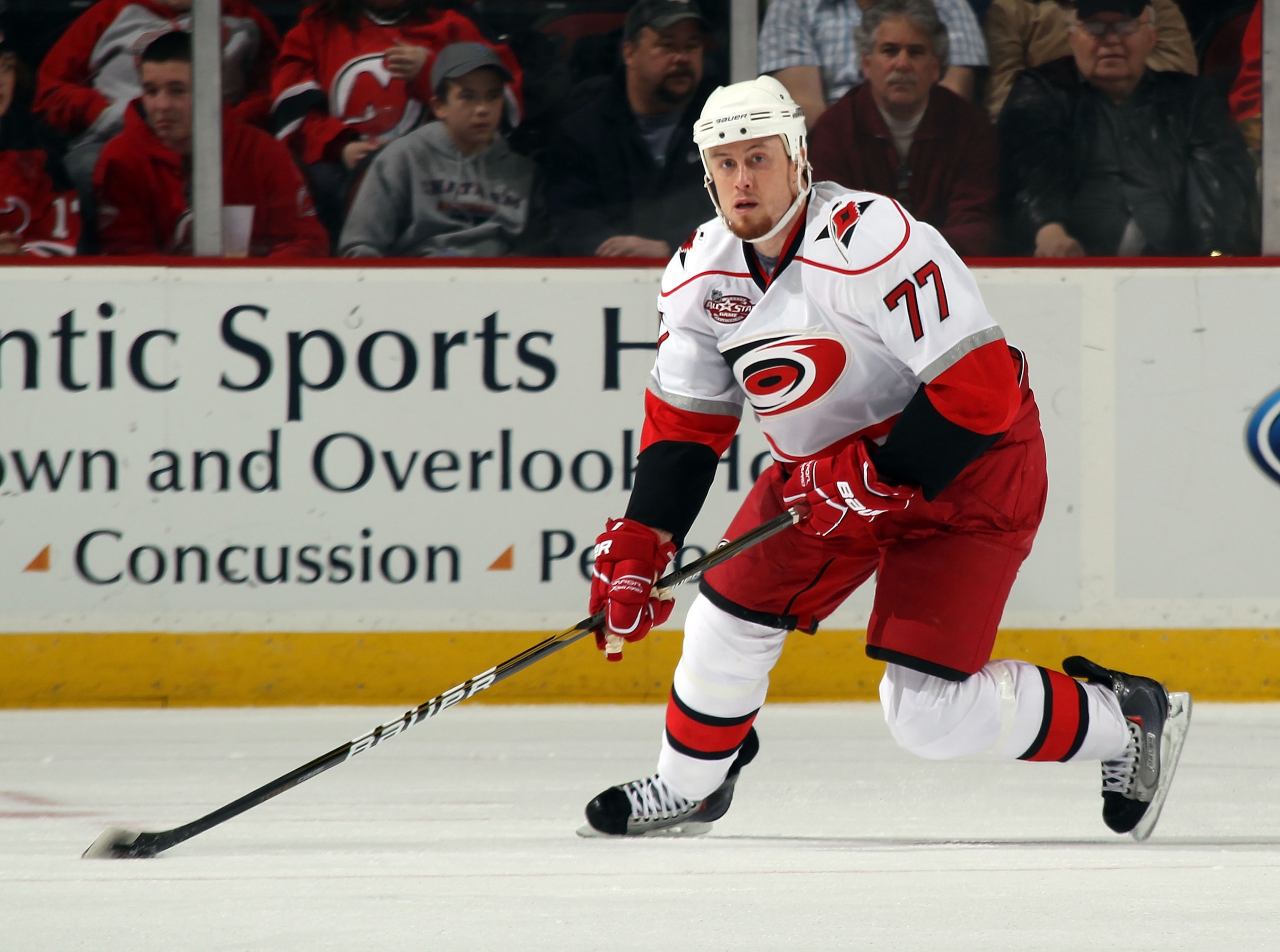 NEWARK, NJ - FEBRUARY 16:  Joe Corvo #77 of the Carolina Hurricanes skates against the New Jersey Devils at the Prudential Center on February 16, 2011 in Newark, New Jersey.  (Photo by Bruce Bennett/Getty Images)