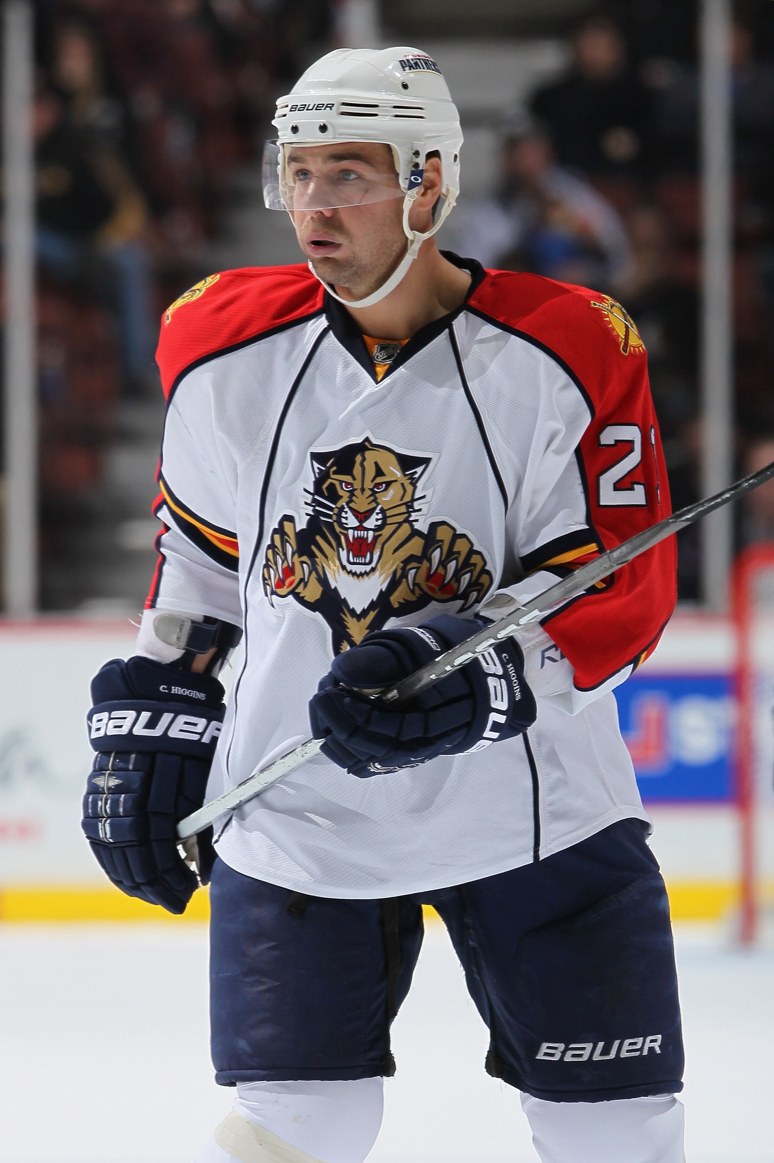 ANAHEIM, CA - DECEMBER 01:  Chris Higgins #21 of the Florida Panthers looks on against the Anaheim Ducks at the Honda Center on December 1, 2010 in Anaheim, California.  (Photo by Jeff Gross/Getty Images)