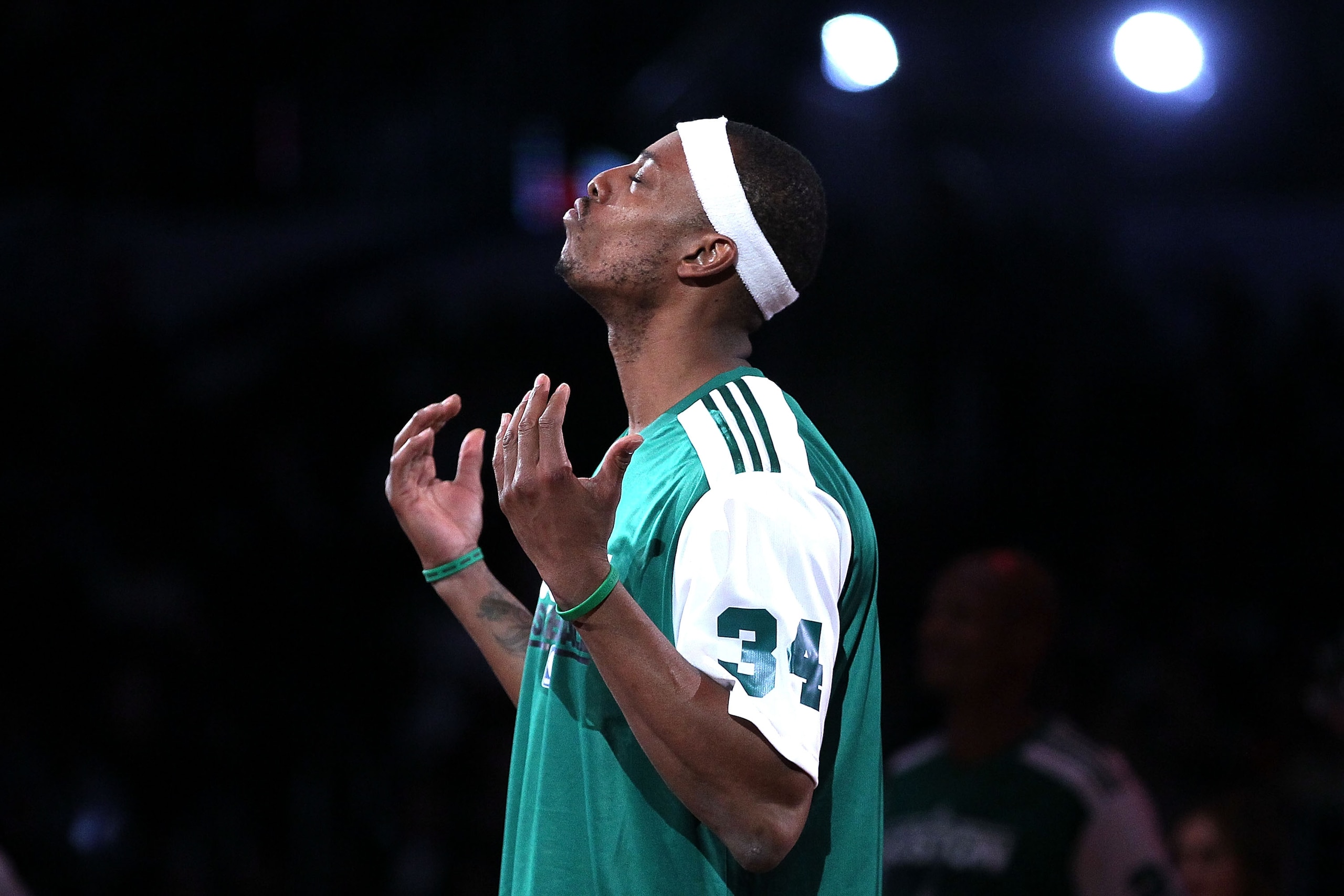 LOS ANGELES, CA - FEBRUARY 19:  Paul Pierce #34 of the Boston Celtics reacts as he competes in the Foot Locker Three-Point Contest apart of NBA All-Star Saturday Night at Staples Center on February 19, 2011 in Los Angeles, California.  (Photo by Jeff Gros