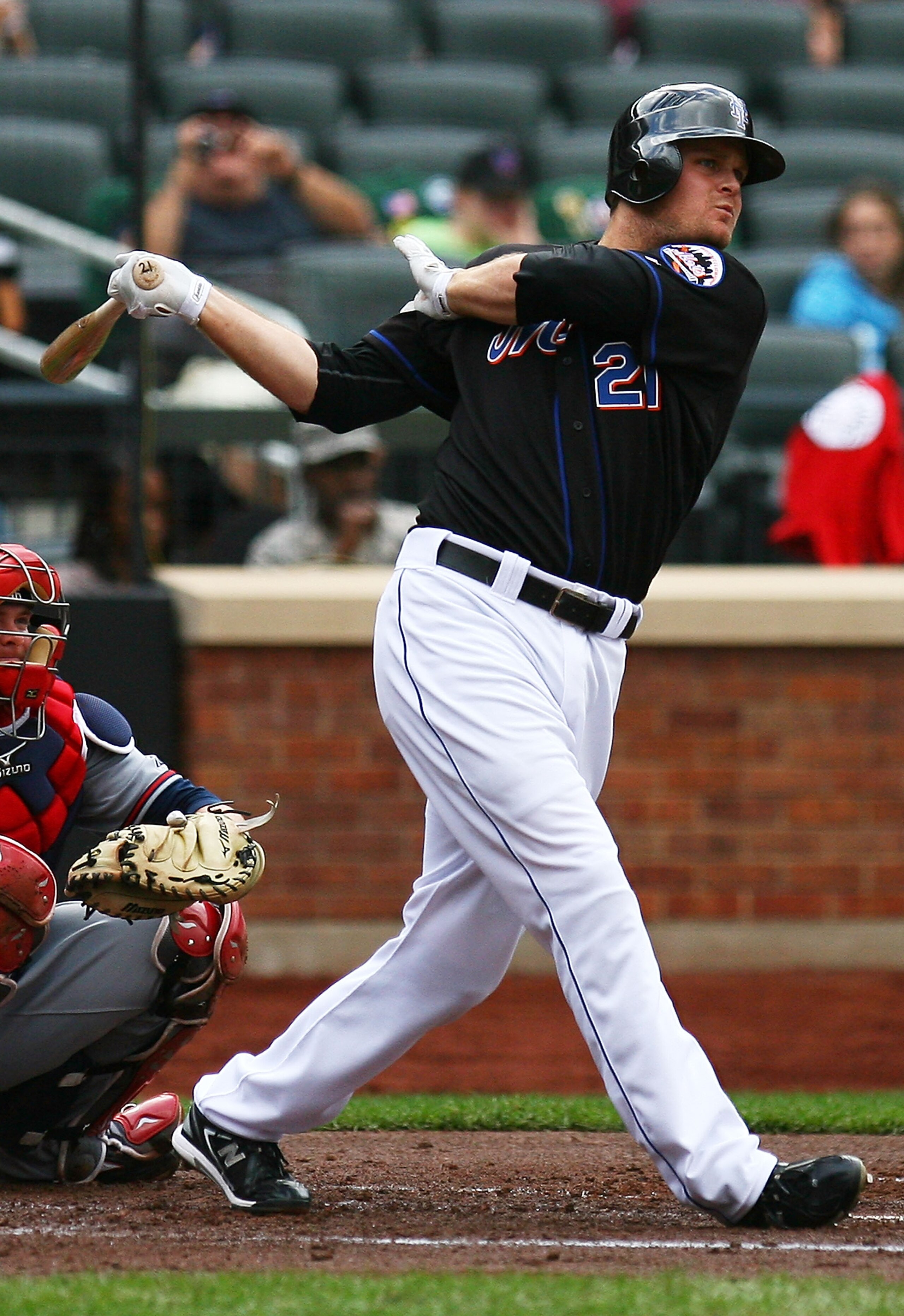 NEW YORK - SEPTEMBER 18:  Lucas Duda #21 of the New York Mets watches after hitting a double in the second inning against the Atlanta Braves on September 18, 2010 at Citi Field in the Flushing neighborhood of the Queens borough of New York City.  (Photo b
