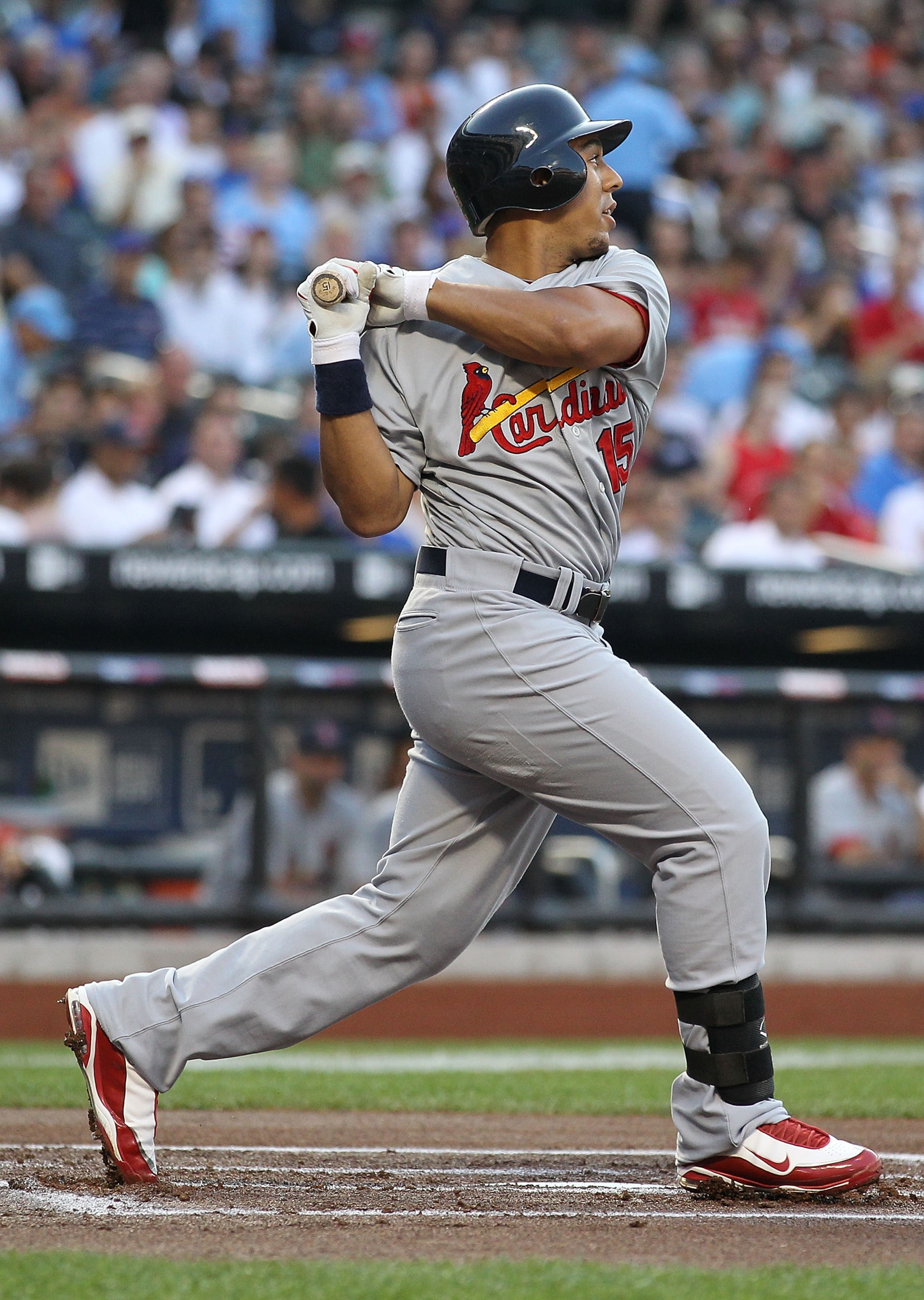 NEW YORK - JULY 27:  Jon Jay #15 of the St. Louis Cardinals in action against the New York Mets during their game on July 27, 2010 at Citi Field in the Flushing neighborhood of the Queens borough of New York City.  (Photo by Al Bello/Getty Images)