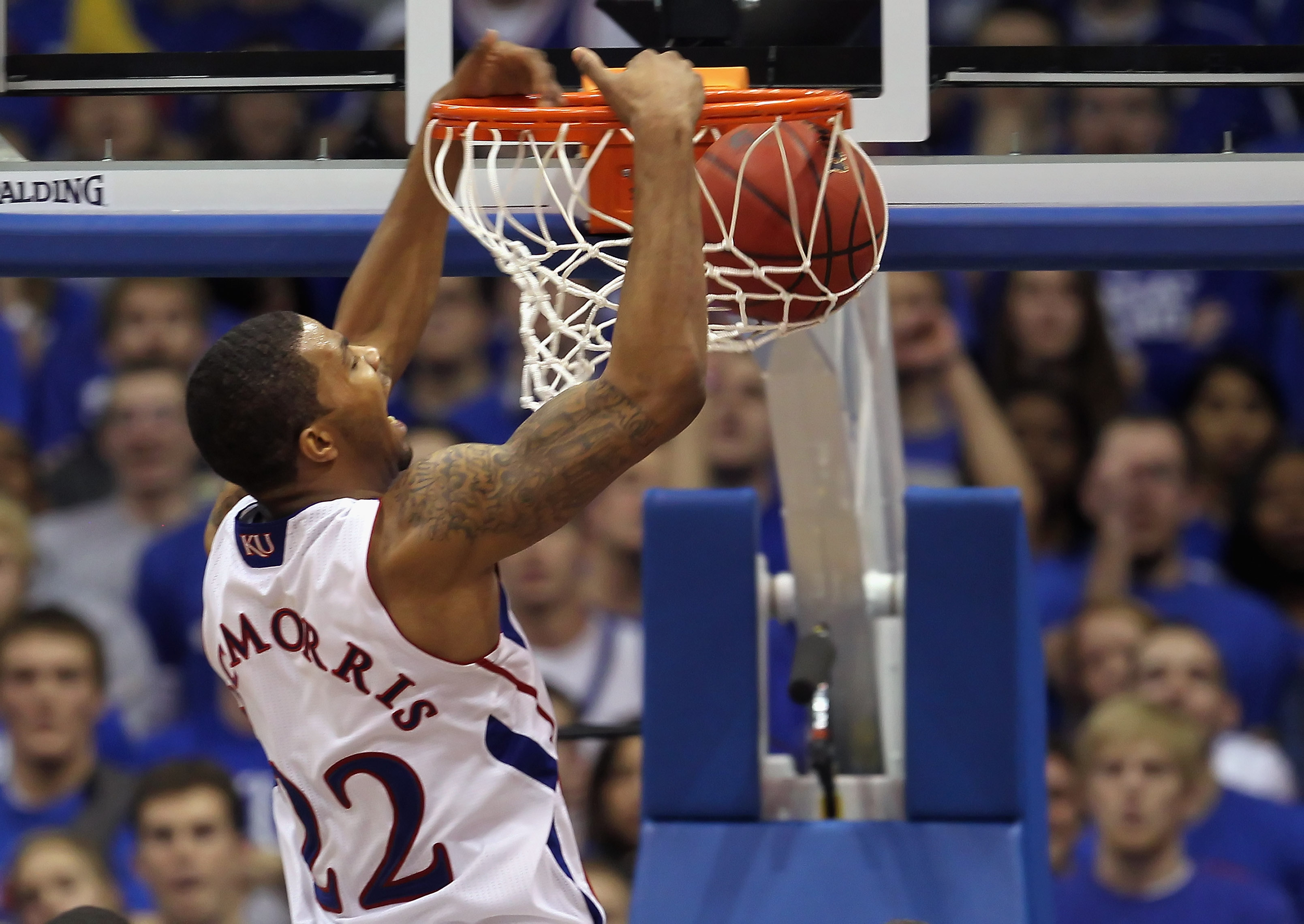 LAWRENCE, KS - JANUARY 15:  Marcus Morris #22 of the Kansas Jayhawks dunks during the game against the Nebraska Cornhuskers on January 15, 2011 at Allen Fieldhouse in Lawrence, Kansas.  (Photo by Jamie Squire/Getty Images)