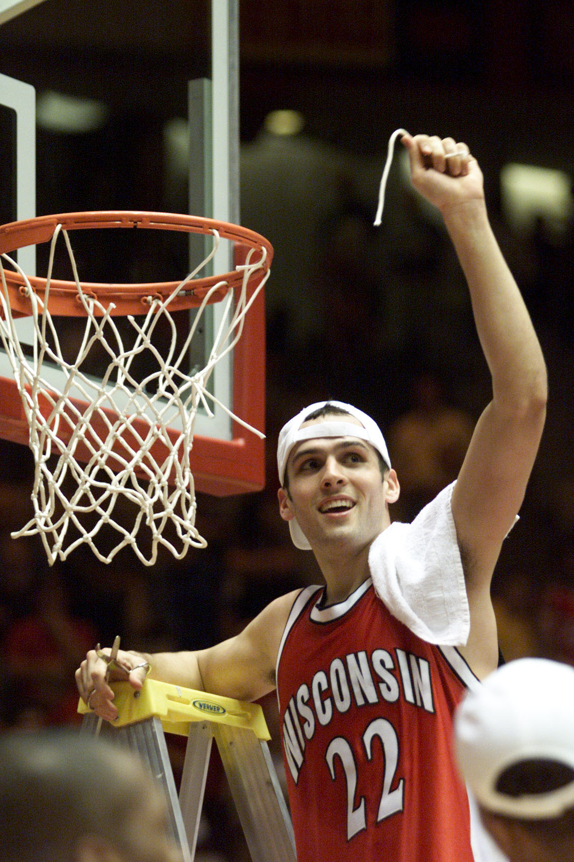 25 Mar 2000:  Mike Kelley #22 of wisconsin celebrates after cutting his piece of the net after Wisconsin beat Purdue 64-60 during the Men''s NCAA West Regional Championship at The Pit in Albuquerque, New Mexico.  <<DIGITAL IMAGE>> Mandatory Credit: Jed Ja