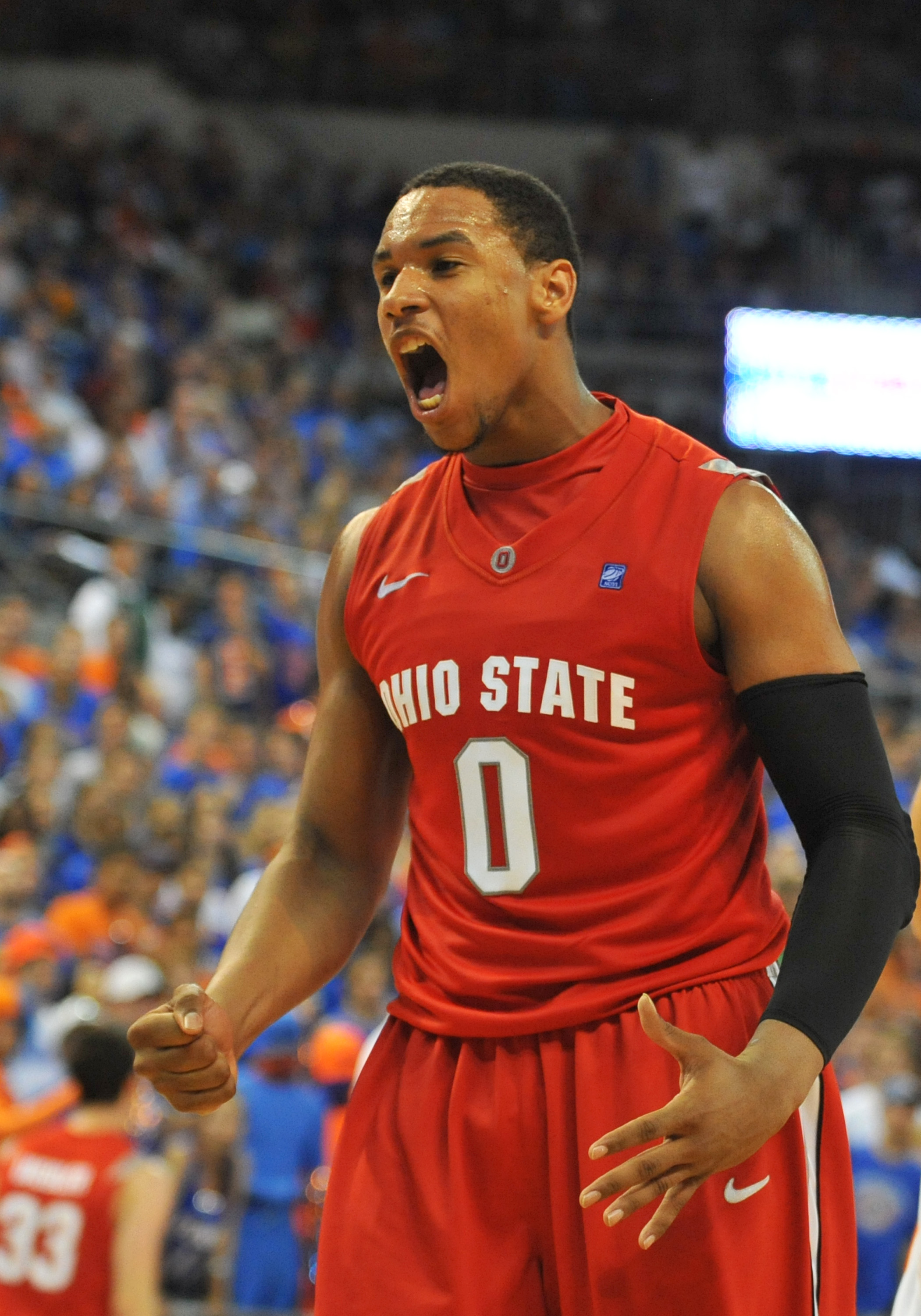 GAINESVILLE, FL - NOVEMBER 16: Forward Jared Sullinger #0 of the Ohio State Buckeyes yells after a dunk against the Florida Gators November 16, 2010 at the Stephen C. O'Connell Center in Gainesville, Florida.  (Photo by Al Messerschmidt/Getty Images)