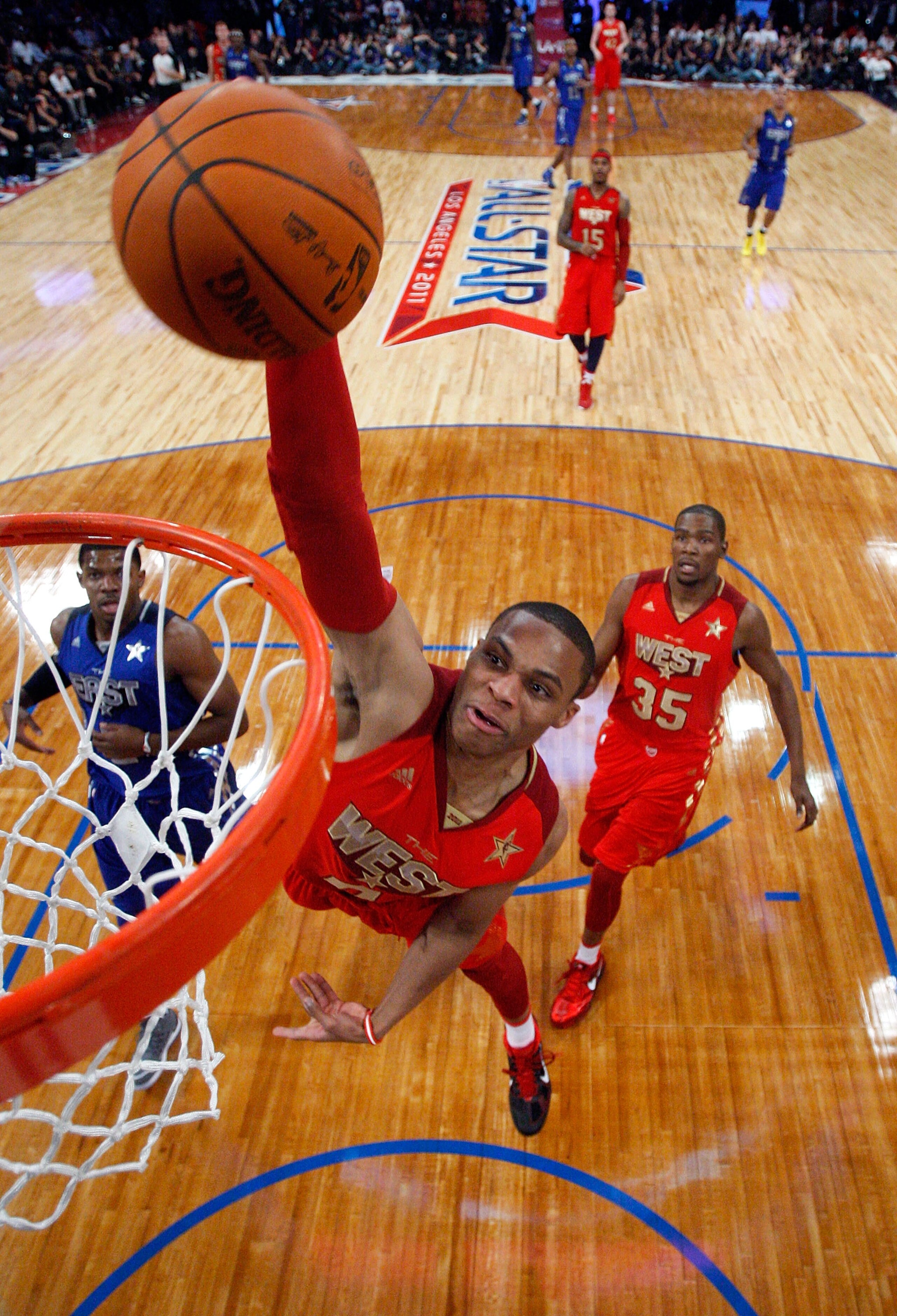LOS ANGELES, CA - FEBRUARY 20: Russell Westbrook #0 of the Oklahoma City Thunder and the Western Conference goes up to dunk the ball in the first half in the 2011 NBA All-Star Game at Staples Center on February 20, 2011 in Los Angeles, California. NOTE T LOS ANGELES, CA - FEBRUARY 20: Russell Westbrook #0 of the Oklahoma City Thunder and the Western Conference goes up to dunk the ball in the first half in the 2011 NBA All-Star Game at Staples Center on February 20, 2011 in Los Angeles, California. NOTE T