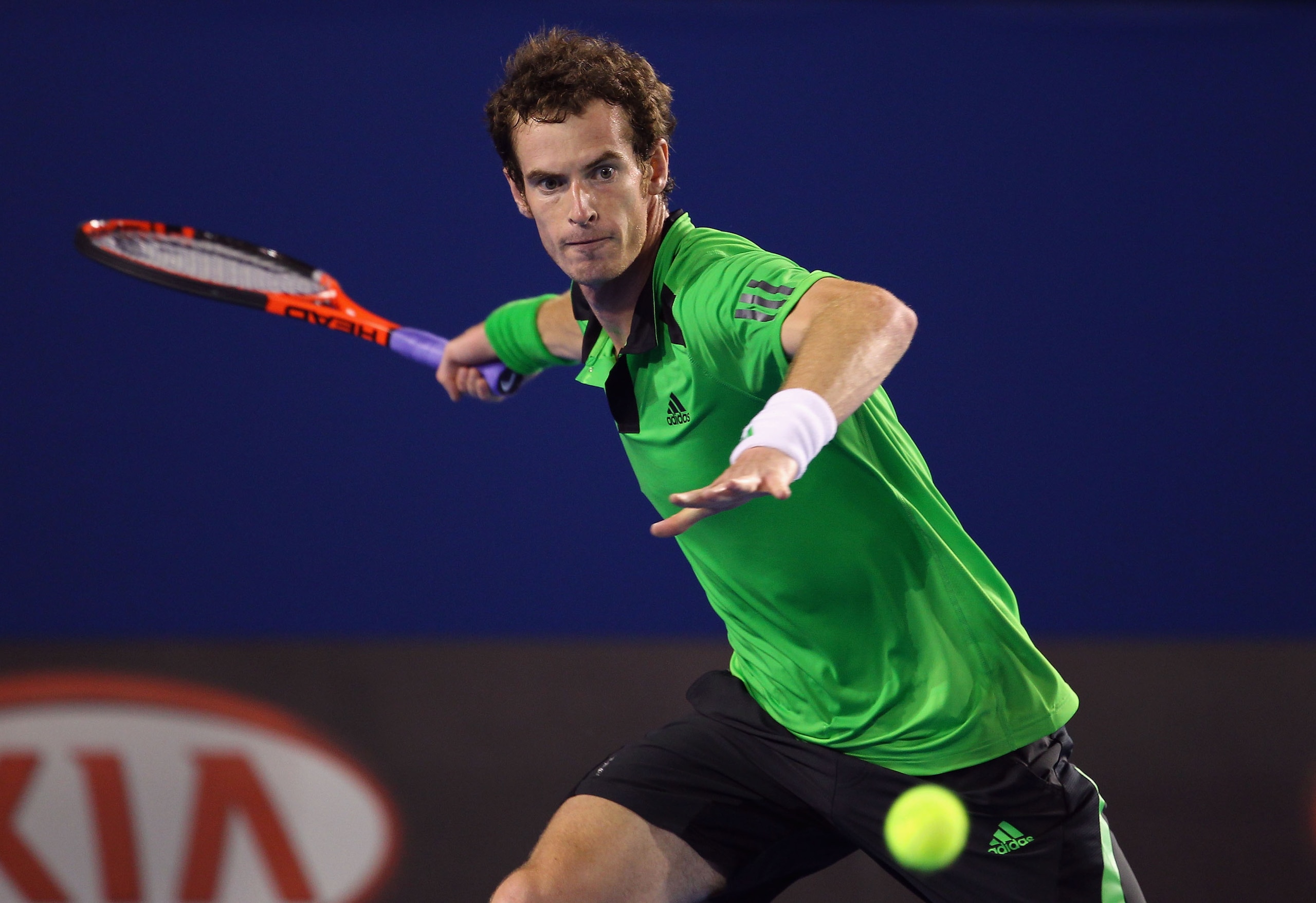 MELBOURNE, AUSTRALIA - JANUARY 28:  Andy Murray of Great Britain plays a forehand in his semifinal match against David Ferrer of Spain during day twelve of the 2011 Australian Open at Melbourne Park on January 28, 2011 in Melbourne, Australia.  (Photo by