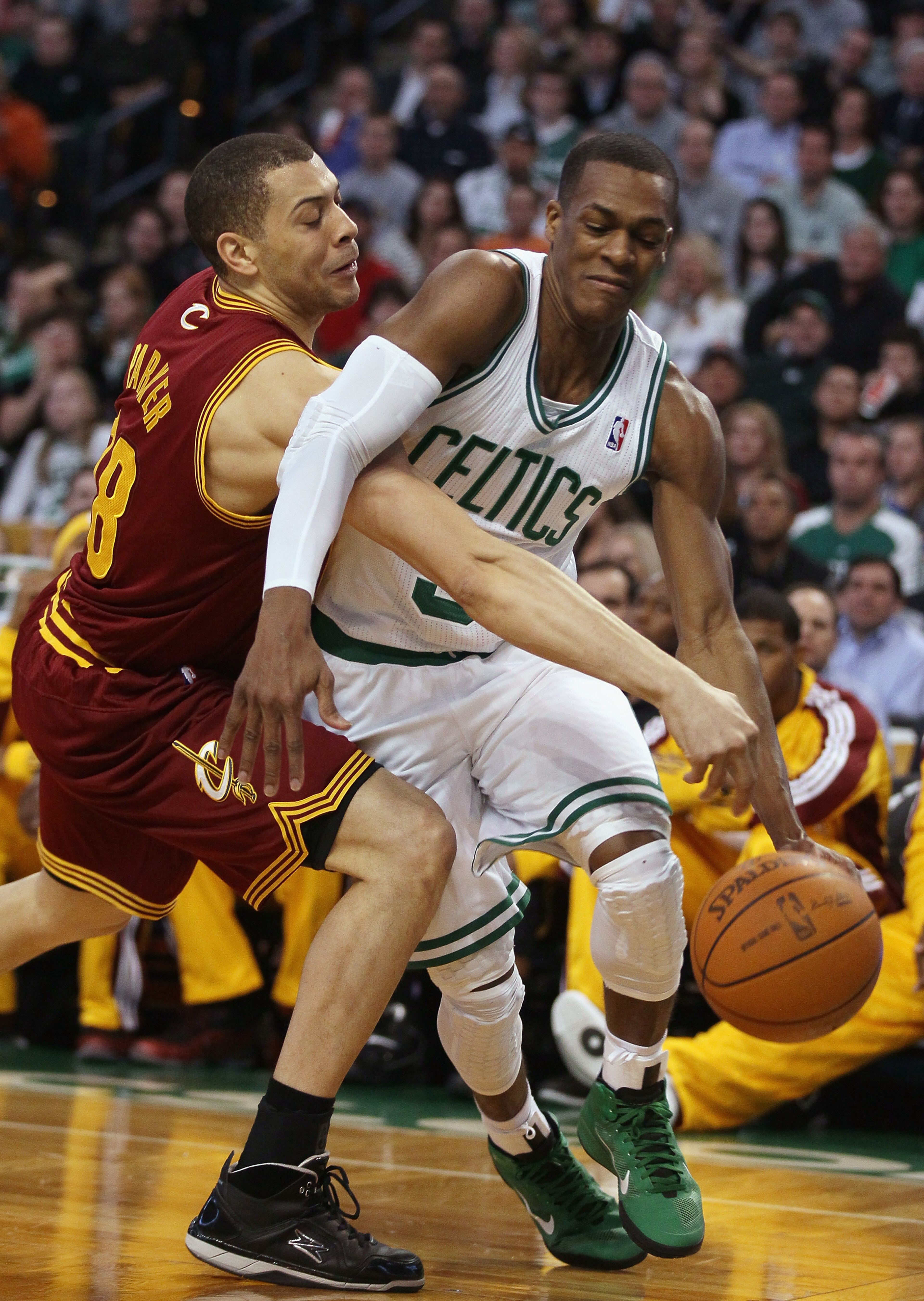 BOSTON, MA - JANUARY 25:  Anthony Parker #18 of the of the Cleveland Cavaliers tries to steal the ball from Rajon Rondo #9 of the Boston Celtics on January 25, 2011 at the TD Garden in Boston, Massachusetts.   NOTE TO USER: User expressly acknowledges and