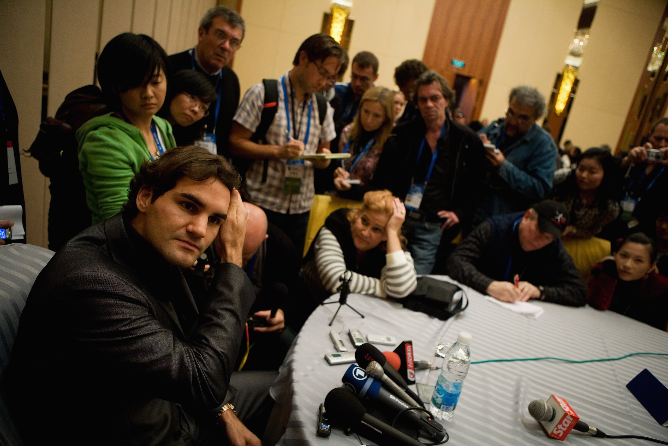 SHANGHAI, CHINA - NOVEMBER 08:  Roger Federer of Switzerland speaks to the media during the round table interviews at the Hilton Hotel before the opening ceremony of the Tennis Masters Cup on November 8, 2008 in Shanghai, China.  (Photo by Andrew Wong/Get