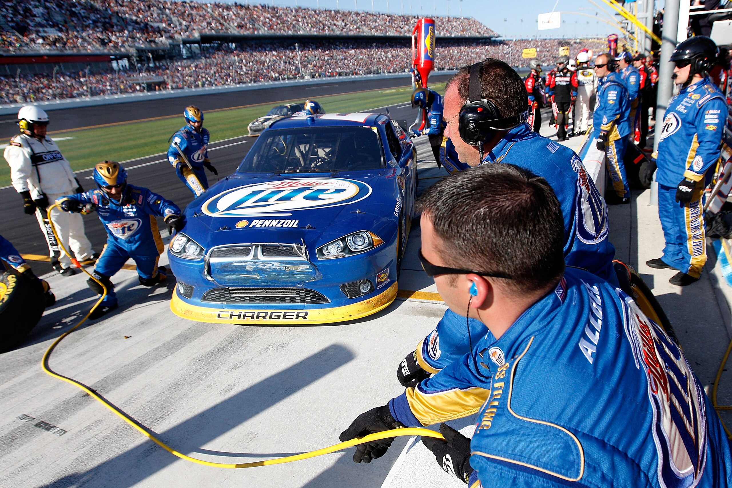 DAYTONA BEACH, FL - FEBRUARY 20:  Brad Keselowski pits the #2 Miller Lite Dodge during the NASCAR Sprint Cup Series Daytona 500 at Daytona International Speedway on February 20, 2011 in Daytona Beach, Florida.  (Photo by Chris Graythen/Getty Images)