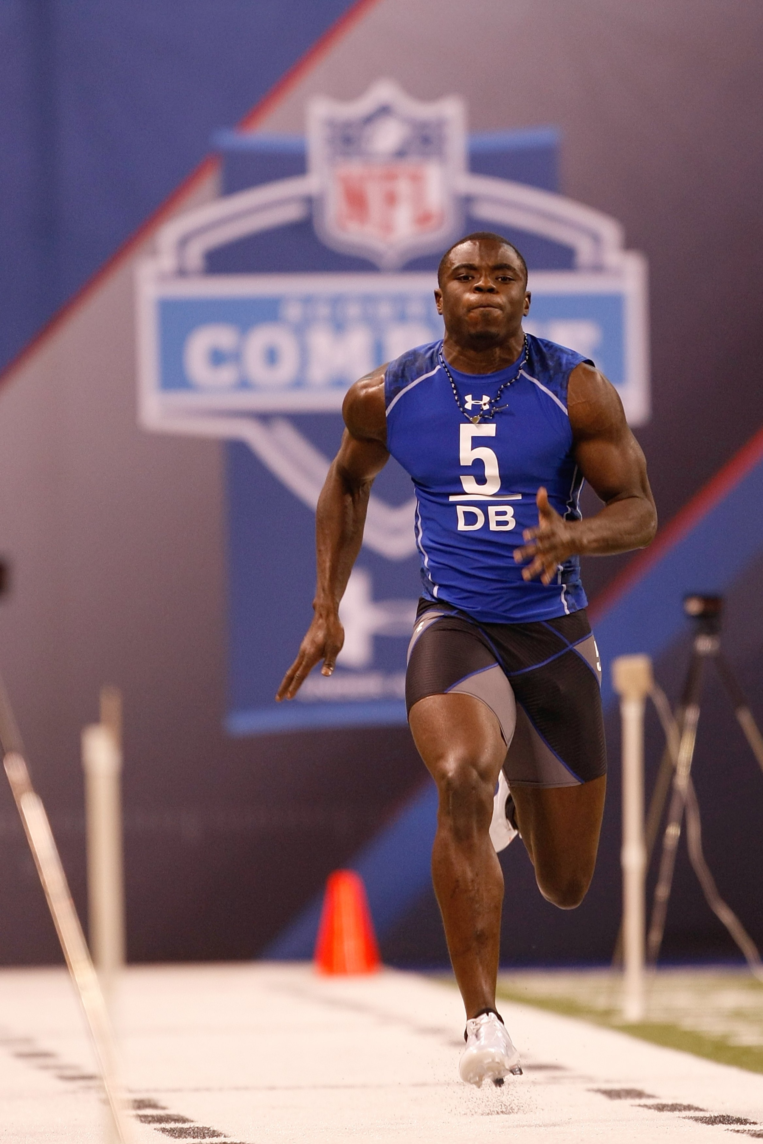 INDIANAPOLIS, IN - MARCH 2: Defensive back Larry Asante of Nebraska runs the 40 yard dash during the NFL Scouting Combine presented by Under Armour at Lucas Oil Stadium on March 2, 2010 in Indianapolis, Indiana. (Photo by Scott Boehm/Getty Images)