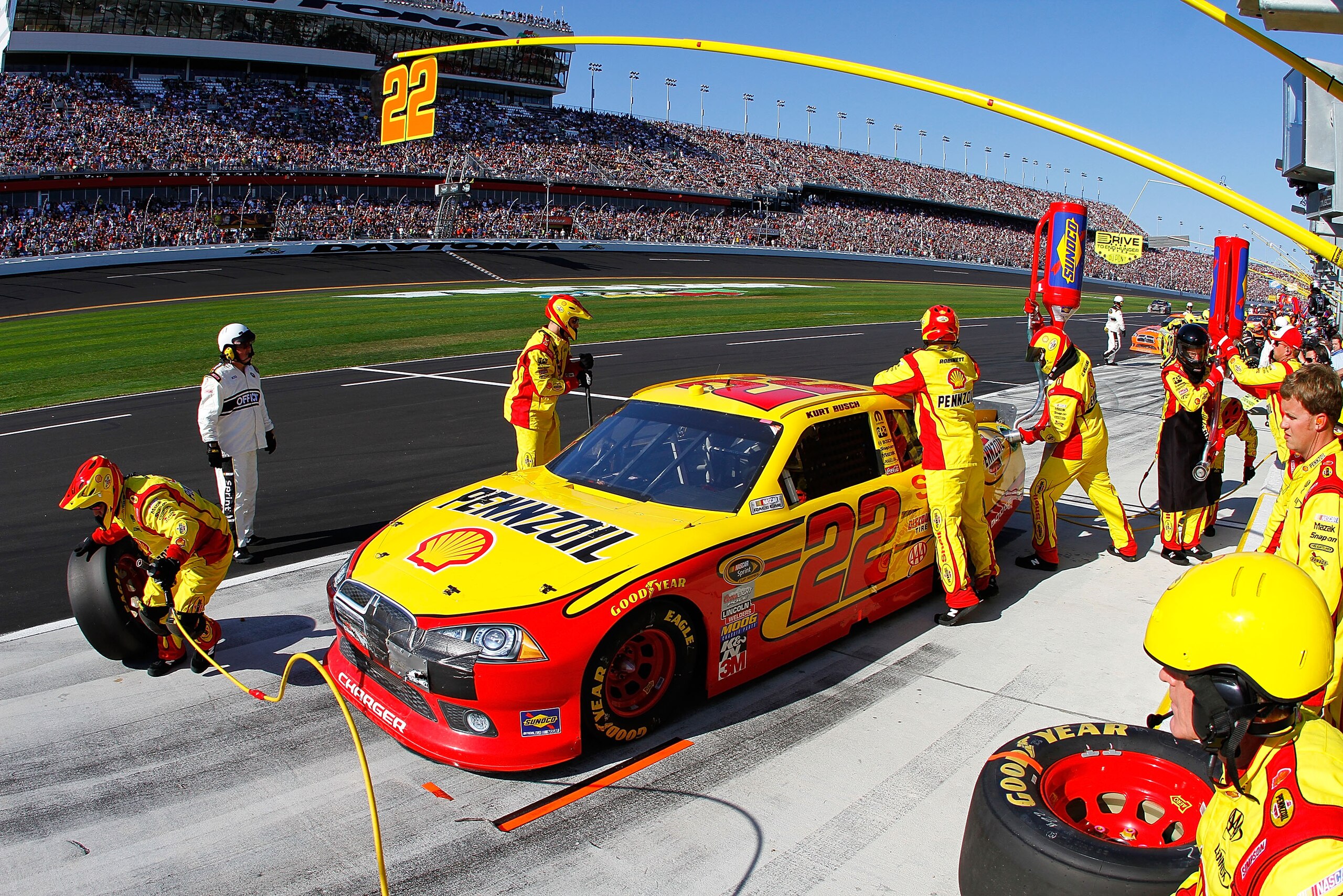 DAYTONA BEACH, FL - FEBRUARY 20:  Kurt Busch pits the #22 Shell Pennzoil Dodge during the NASCAR Sprint Cup Series Daytona 500 at Daytona International Speedway on February 20, 2011 in Daytona Beach, Florida.  (Photo by Jason Smith/Getty Images for NASCAR