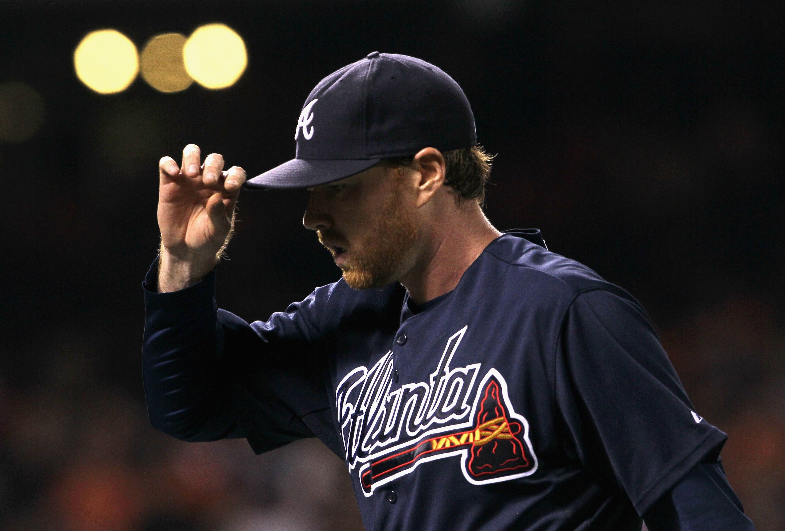 SAN FRANCISCO - OCTOBER 08:  Tommy Hanson #48 of the Atlanta Braves reacts during the fourth inning of the National League Division Series with the San Francisco Giants at AT&T Park on October 8, 2010 in San Francisco, California.  (Photo by Justin Sulliv