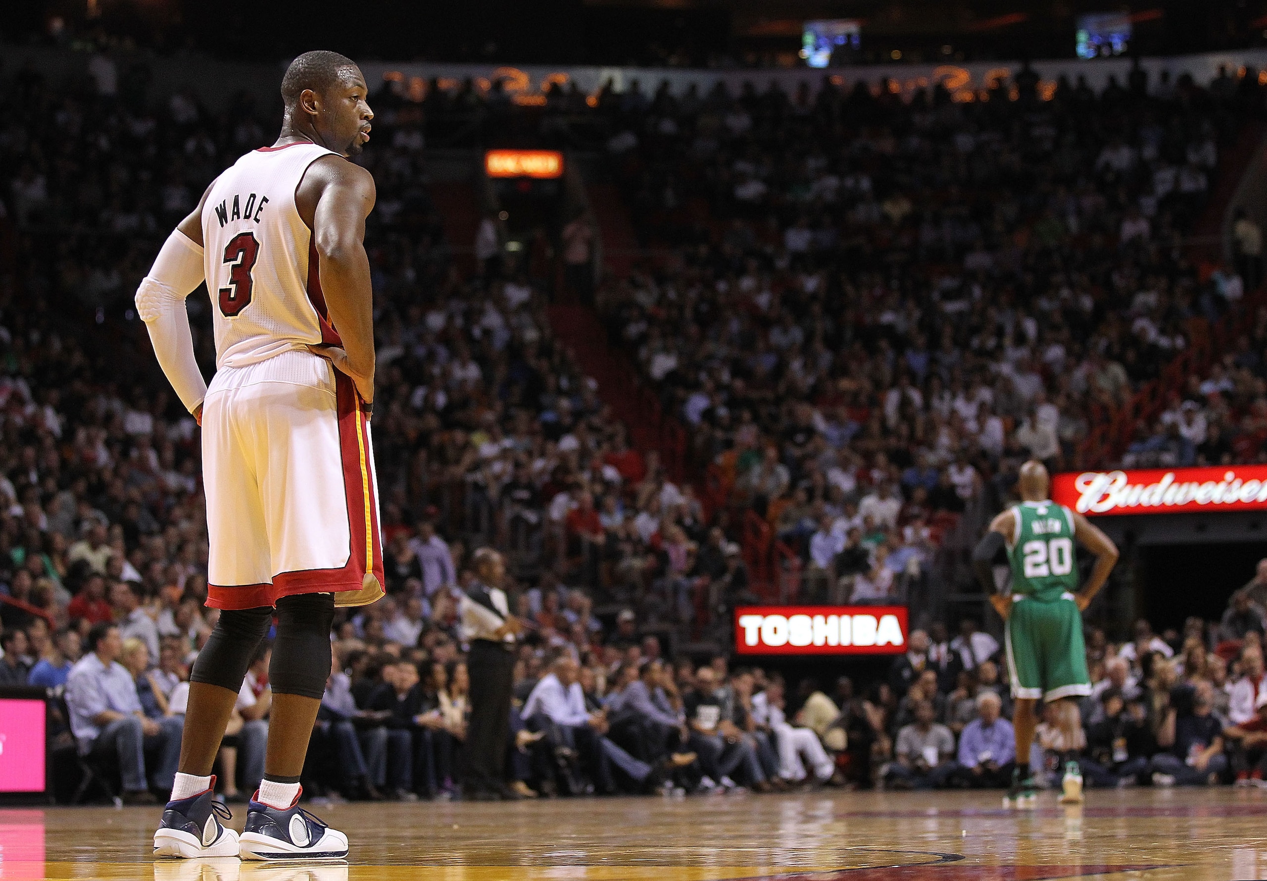 MIAMI - NOVEMBER 11:  Dwyane Wade #3 of the Miami Heat waits during a foul shot during a game against the Boston Celtics at American Airlines Arena on November 11, 2010 in Miami, Florida. NOTE TO USER: User expressly acknowledges and agrees that, by downl