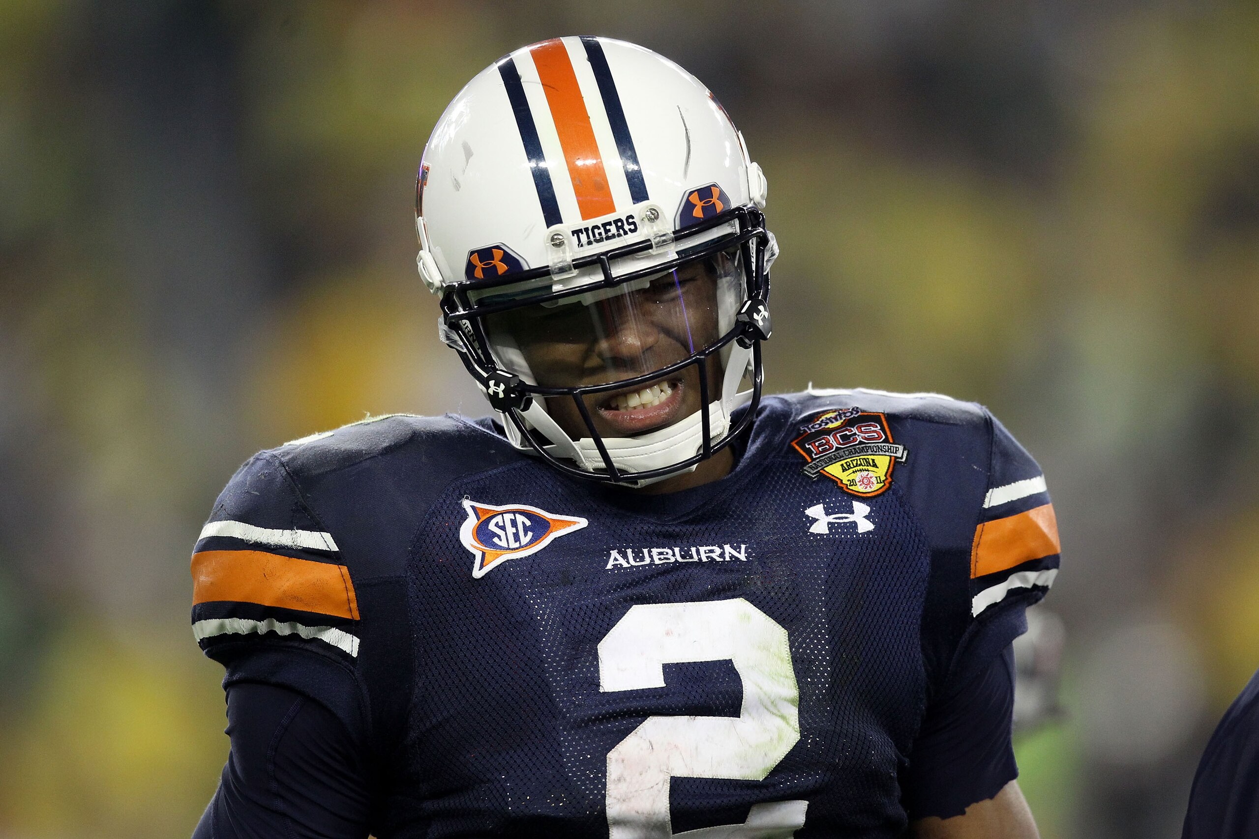 GLENDALE, AZ - JANUARY 10:  Cameron Newton #2 of the Auburn Tigers reacts during their game against the Oregon Ducks during the Tostitos BCS National Championship Game at University of Phoenix Stadium on January 10, 2011 in Glendale, Arizona.  (Photo by C