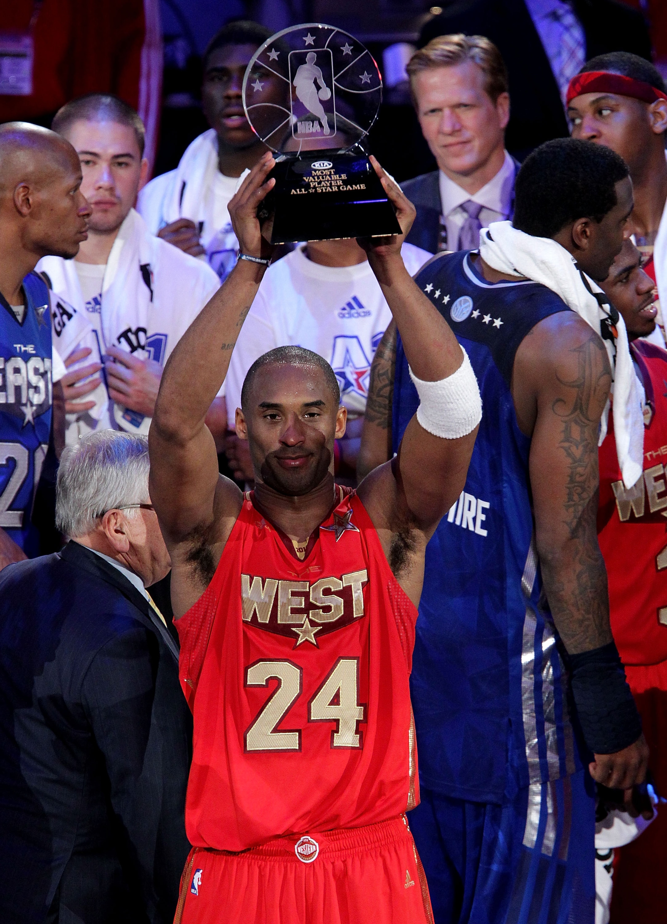 LOS ANGELES, CA - FEBRUARY 20:  Kobe Bryant #24 of the Los Angeles Lakers and the Western Conference celebrates after being named MVP for the fourth time in the 2011 NBA All-Star Game at Staples Center on February 20, 2011 in Los Angeles, California. NOTE