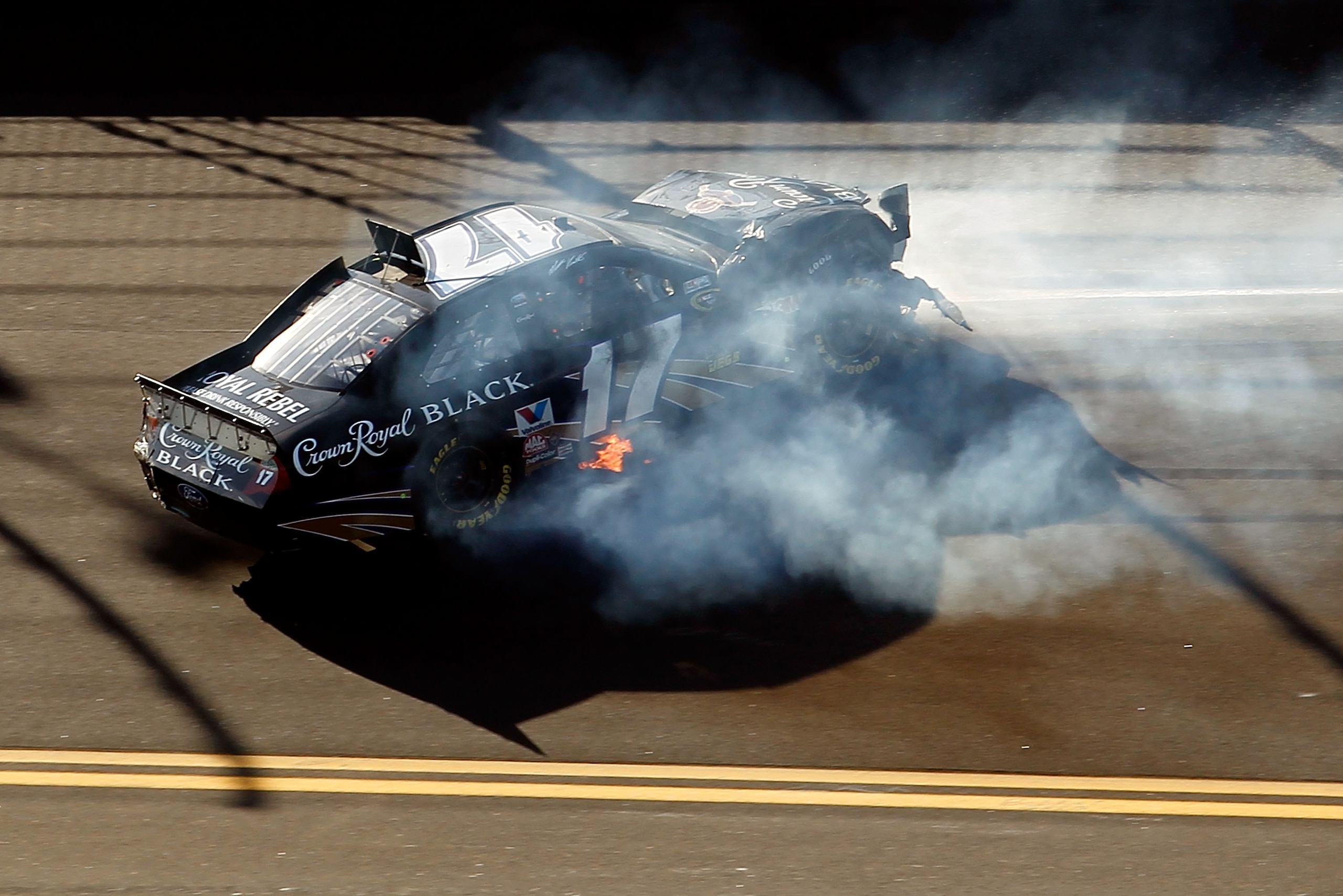 DAYTONA BEACH, FL - FEBRUARY 20:  Matt Kenseth, driver of the #17 Crown Royal Ford, crashes during the NASCAR Sprint Cup Series Daytona 500 at Daytona International Speedway on February 20, 2011 in Daytona Beach, Florida.  (Photo by Todd Warshaw/Getty Ima