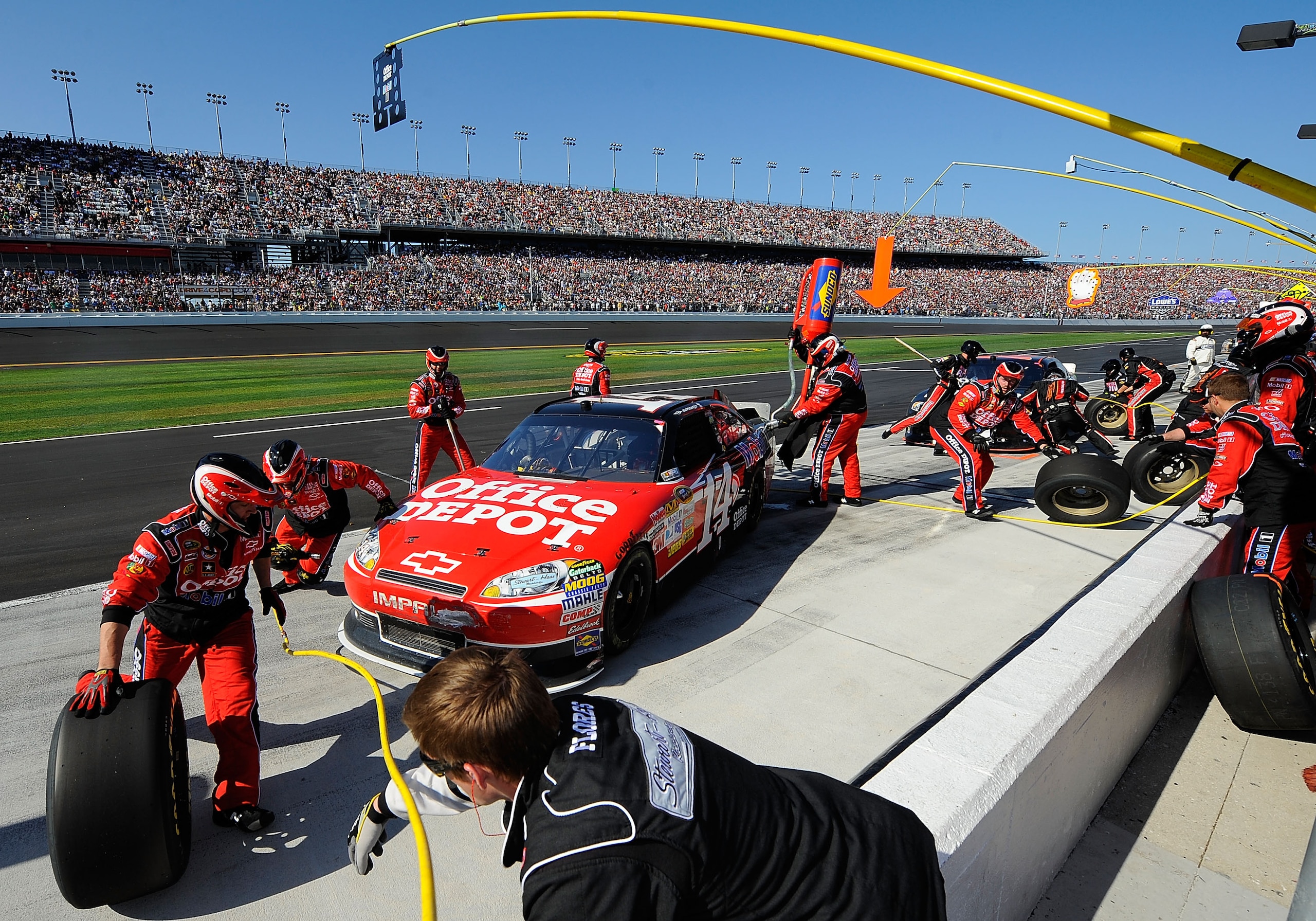 DAYTONA BEACH, FL - FEBRUARY 20:  Tony Stewart pits the #14 Mobil 1/Office Depot Chevrolet during the NASCAR Sprint Cup Series Daytona 500 at Daytona International Speedway on February 20, 2011 in Daytona Beach, Florida.  (Photo by Jared C. Tilton/Getty I