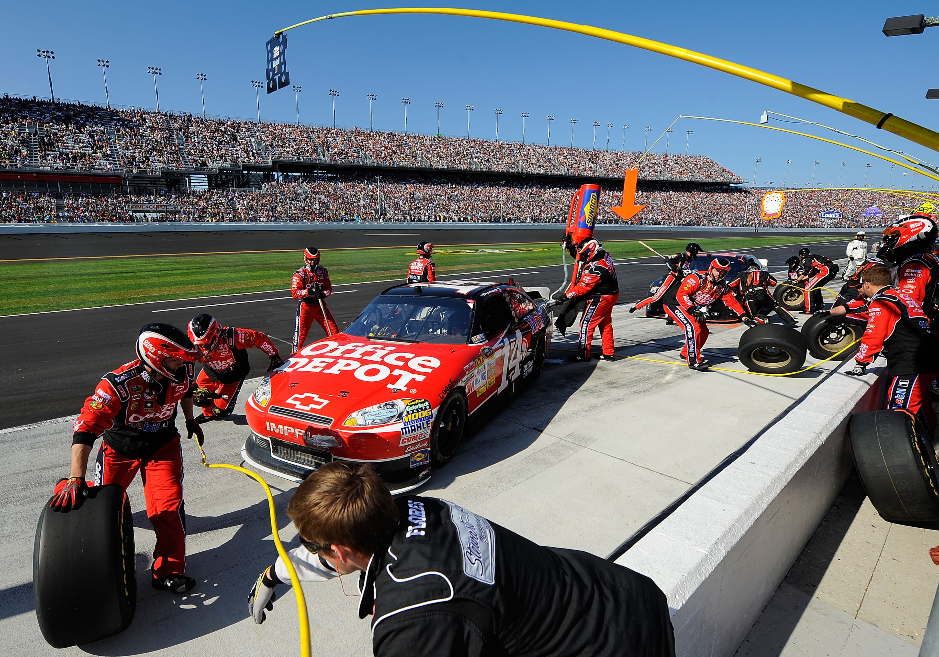 DAYTONA BEACH, FL - FEBRUARY 20:  Tony Stewart pits the #14 Mobil 1/Office Depot Chevrolet during the NASCAR Sprint Cup Series Daytona 500 at Daytona International Speedway on February 20, 2011 in Daytona Beach, Florida.  (Photo by Jared C. Tilton/Getty I