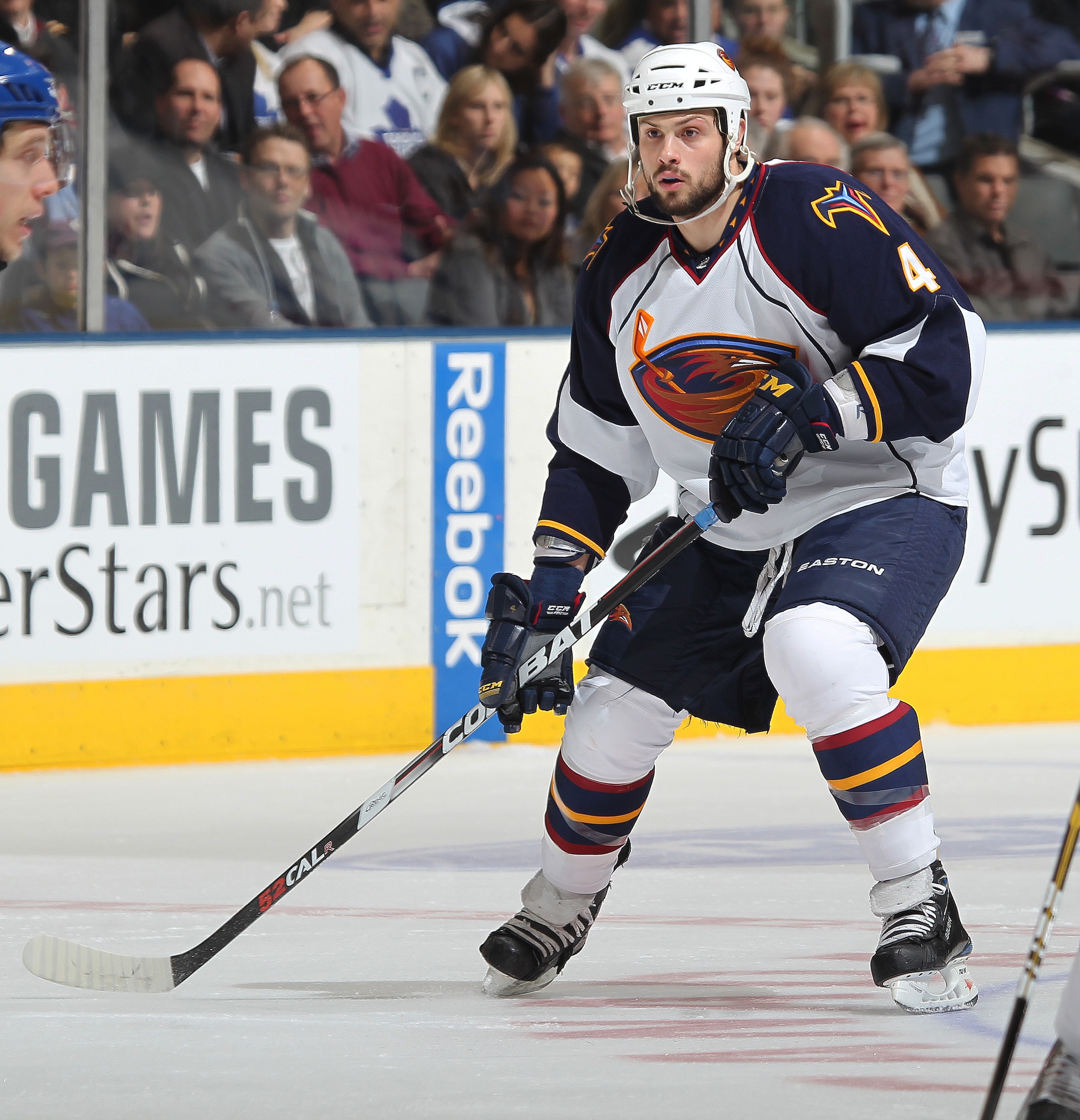 TORONTO, CAN - FEBRUARY 7:  Zach Bogosian #4 of the Atlanta Thrashers skates in a game against the Toronto Maple Leafs on February 7, 2011 at the Air Canada Centre in Toronto, Canada. The Leafs defeated the Thrashers 5-4. (Photo by Claus Andersen/Getty Im